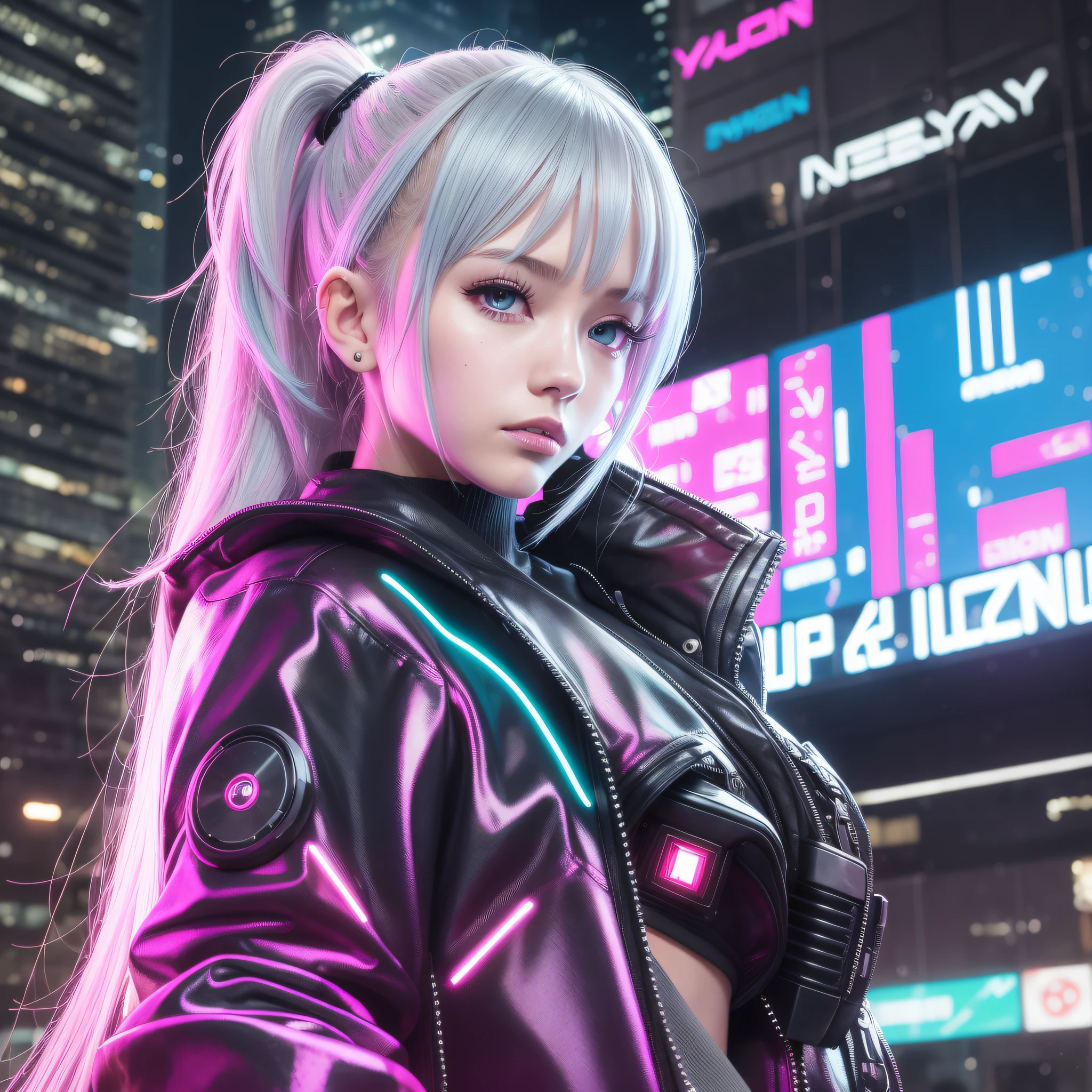 lucy \(cyberpunk\), 1girl,  hair scrunchie, hime cut, silver hair, colored tips, full moon, grey eyes, jacket, long sleeves, looking at viewer, medium hair, multicolored hair, parted bangs, parted lips, pink hair, portrait, red eyeliner, red lips, solo, white jacket, cyberpunk \(series\), rainy night in a cyberpunk city with glowing neon lights --auto --s2