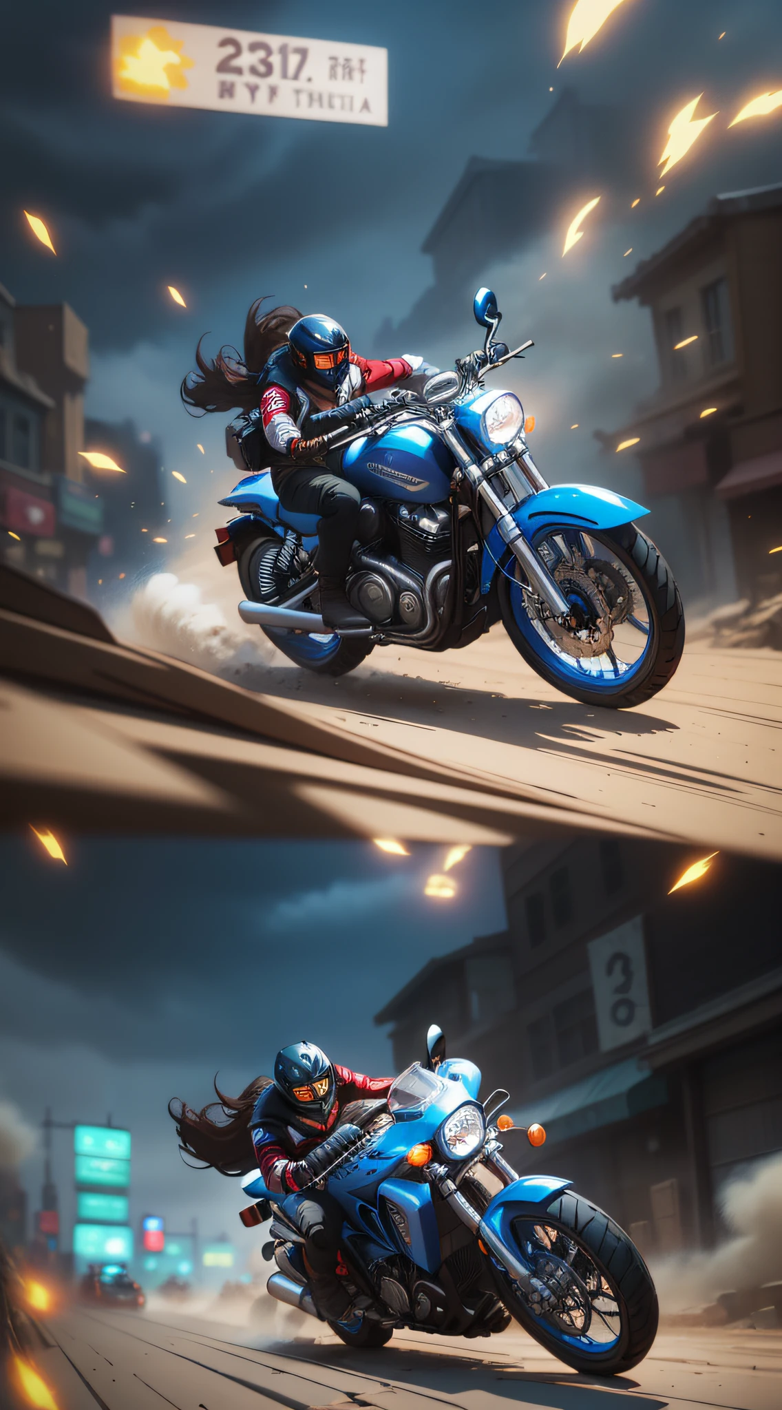 【Illustration】Comic page, there are multiple panels on one page: in the city full of gunsmoke (far view), several male and female racers riding motorcycles, crazy racing in small alleys, tire rubbing ground sparks, smoke and dust (close-up, low viewing angle, horizontal motion blur), there is a strong sense of impact. [Continuous shooting] in the style of Andreas Rocha, cobalt blue and reflective silver, film P30, bisectional composition