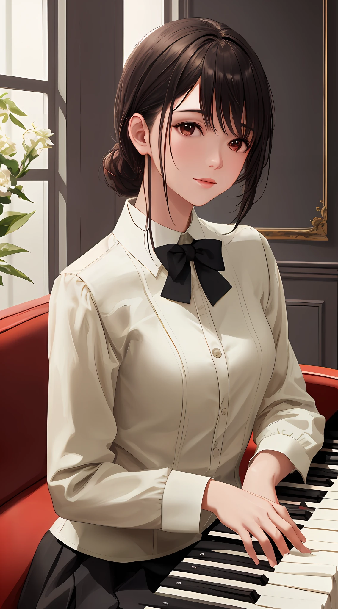 Full head to shoulder portrait, soft natural light, pure and cute student model in (six-star golden luxury hotel lobby, 1.3), (playing piano, 1.3), smooth and soft skin, symmetry, natural skin texture, soft lighting, wearing a collar school uniform, detailed face, realistic, soft pastel colors sparkling, looking at the camera, realistic painting, clear focus, 8K, perfect composition, popular on Artstation, award-winning photos, Unreal Engine 5, Cinematic smooth,