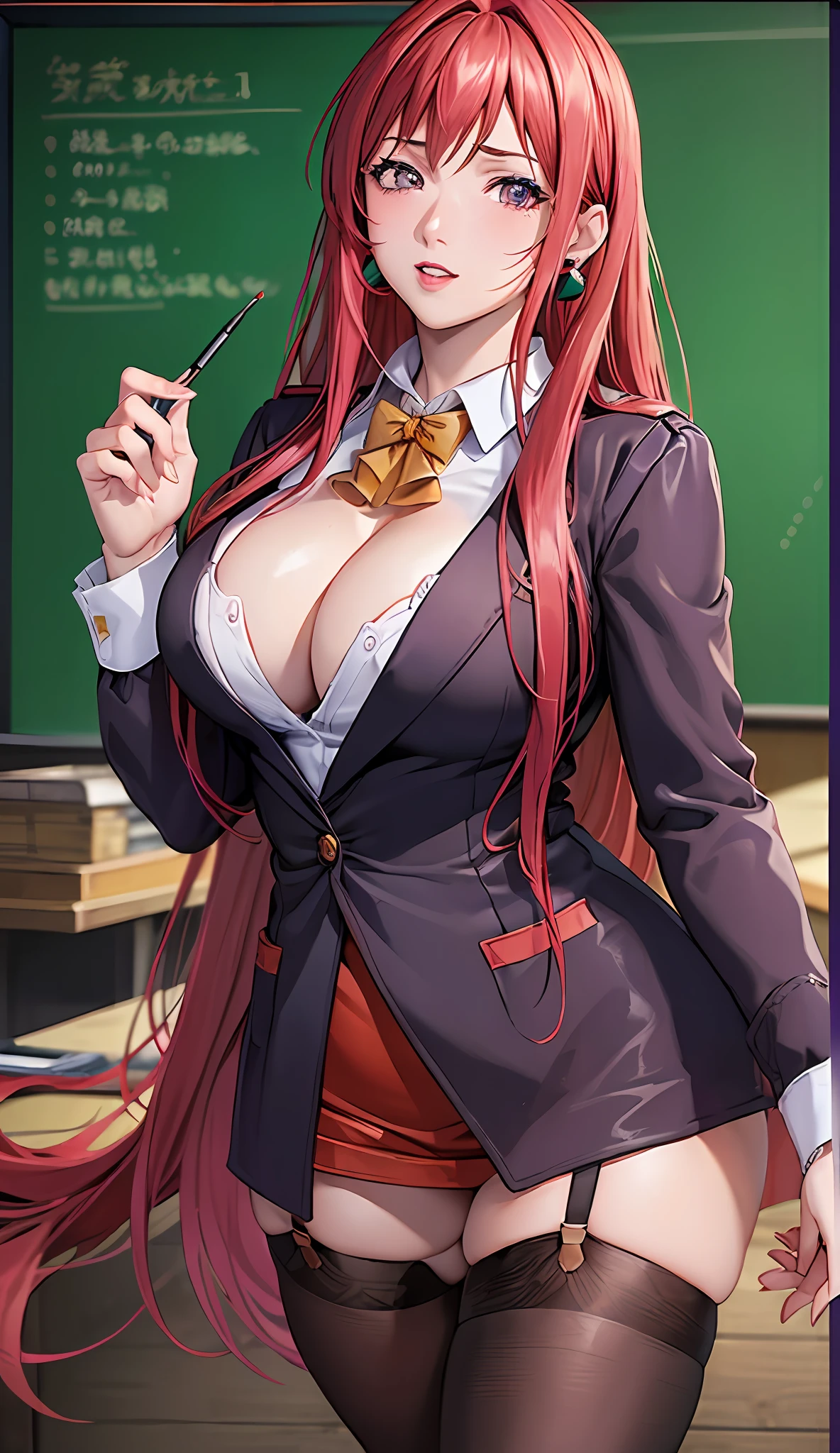 (Masterpiece, Best Quality, High Quality:1.4), professional artwork, Intricate Details, field of view, sharp focus, detailed painting, masterpiece, cinematic lighting, trending on pixiv, (vivid lighting, vibrant colors, by by Nagasawa Rosetsu:1.05),
Hiroko Takashiro, (mature female, milf:1.1), solo, (curvy:1.1), standing near chalkboard, holding chalk, classroom, (full body shot:1.1),
(red hair:1.05), long hair, lipstick, makeup, ultra detail hair, ultra detail face, (purple eyes:1.05), perfect eyes, perfect face, earrings, (confused, blush:1.2),
shirt, jacket, (black thighhighs, garter belt:1.1), zettai ryouiki, pencil skirt, school uniform, highheels,
(Large Breasts:1.1), Cleavage, big ass, thighs,