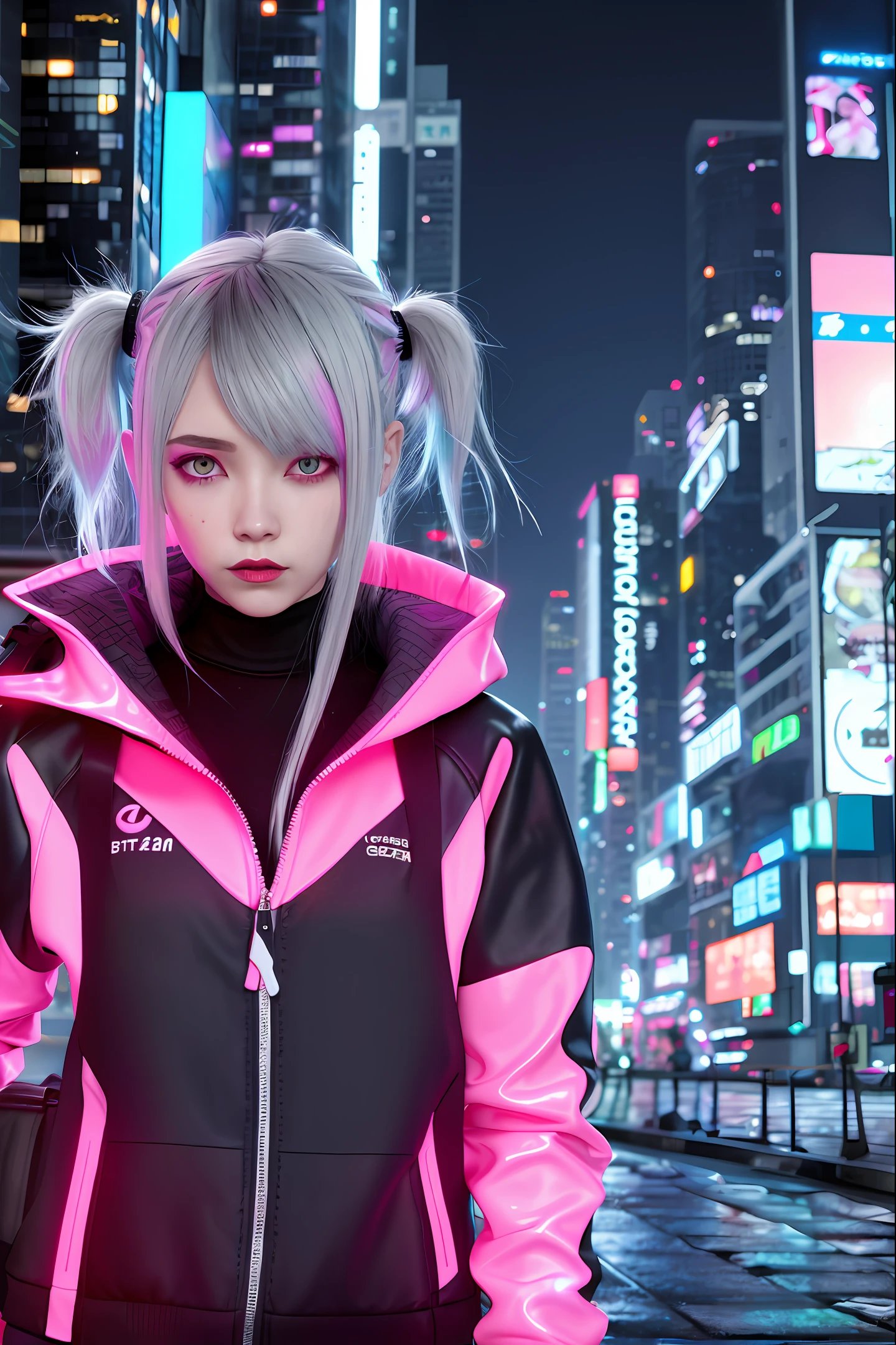 lucy \(cyberpunk\), 1girl,  hair scrunchie, hime cut, silver hair, colored tips, full moon, grey eyes, jacket, long sleeves, looking at viewer, medium hair, multicolored hair, parted bangs, parted lips, pink hair, portrait, red eyeliner, red lips, solo, white jacket, cyberpunk \(series\), rainy night in a cyberpunk city with glowing neon lights