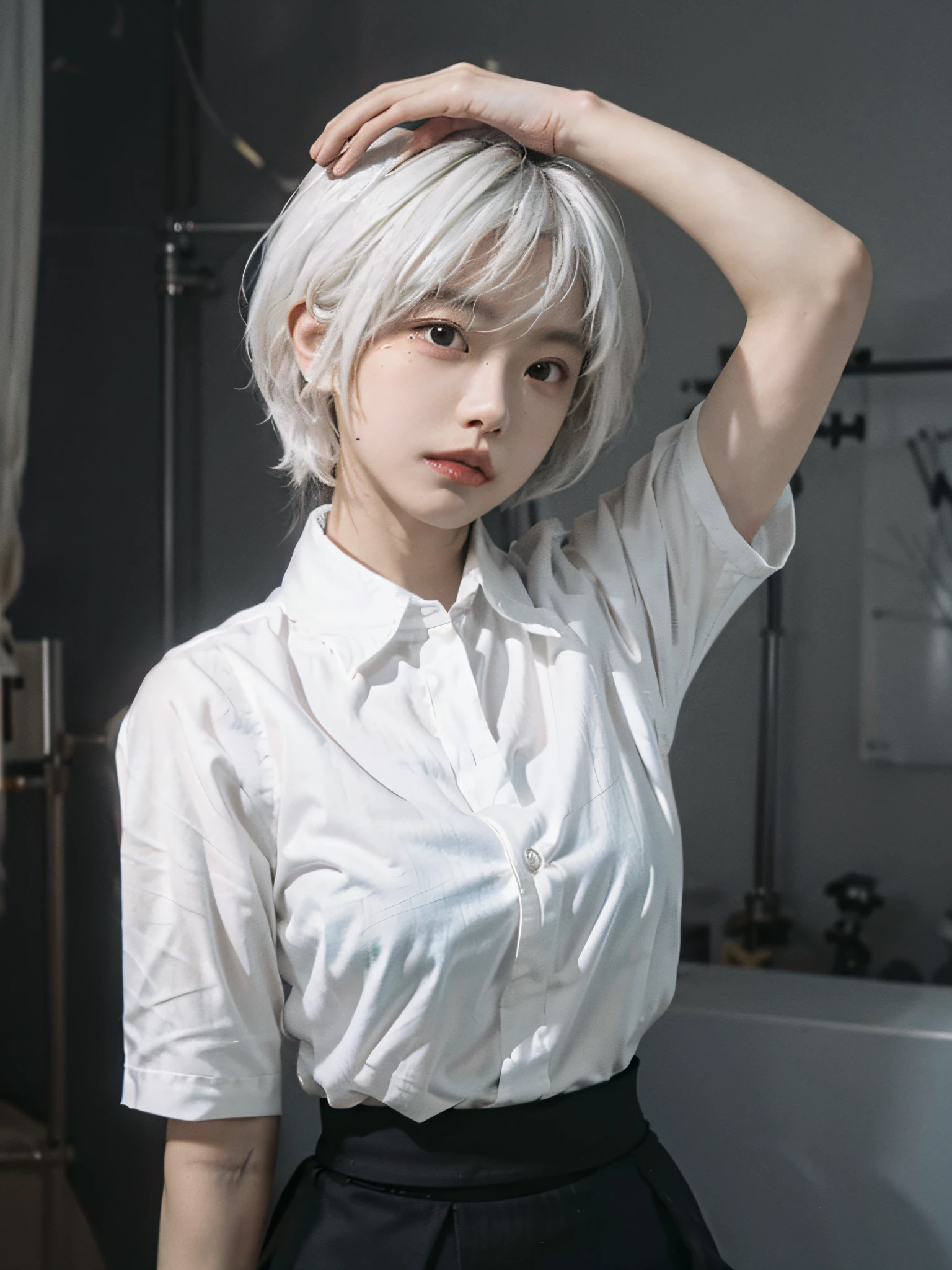 ((masterpiece, best quality)), (1girl), (solo), (female focus), (ahoge, white hair, short hair), black eyes, ((white shirt), (buttoned shirt), (black skirt), (short skirt), standing, white background, Behind the arms, the highest 8K picture quality is full