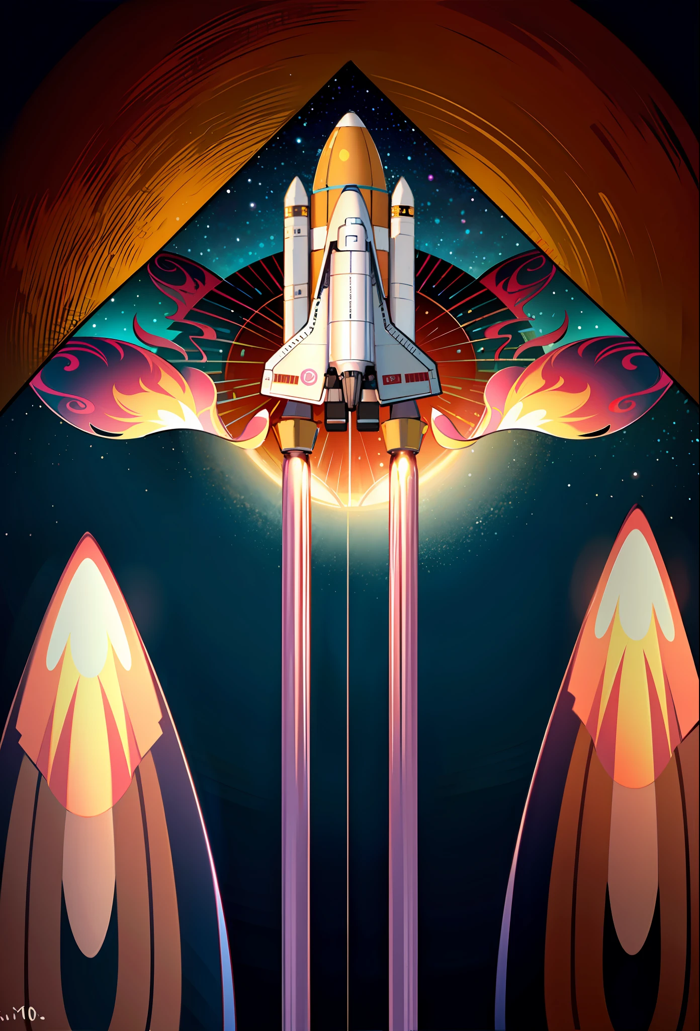 (Masterpiece), (Best Quality: 1.0), (Ultra High Resolution: 1.0), Detailed Illustration, 8K, Anime, Space Shuttle, Spitfire Engine, Highly Detailed, Anime Style, Vibrant, Colored