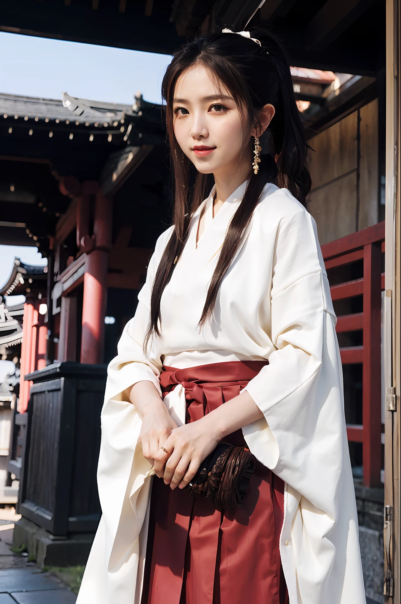 Japan girls in priestess costumes, black hair, long hair, ponytail, white robes, cleaning the entrance of the temple, (red hakama; 1.45), straw broom, Tsuruoka Hachimangu, looking at the viewer, smiling, posing, (((highest quality, masterpiece))), high resolution, very detailed, trending on pixiv, masterpiece, movie lighting, (anime art style: 1.45), (masterpiece: 1.2, highest quality), ( Dynamic lighting) 1 Lady, Solo, Long Hair, (Hakama, Red Skirt), (Torii, Temple),
