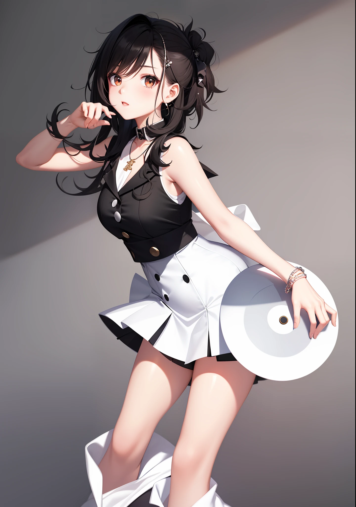 Super high resolution, 1 girl, sleeveless white button shirt, black skirt, black necklace, cute, (Kpop idol), (puffy eyes)), front-facing, best quality --auto --s2