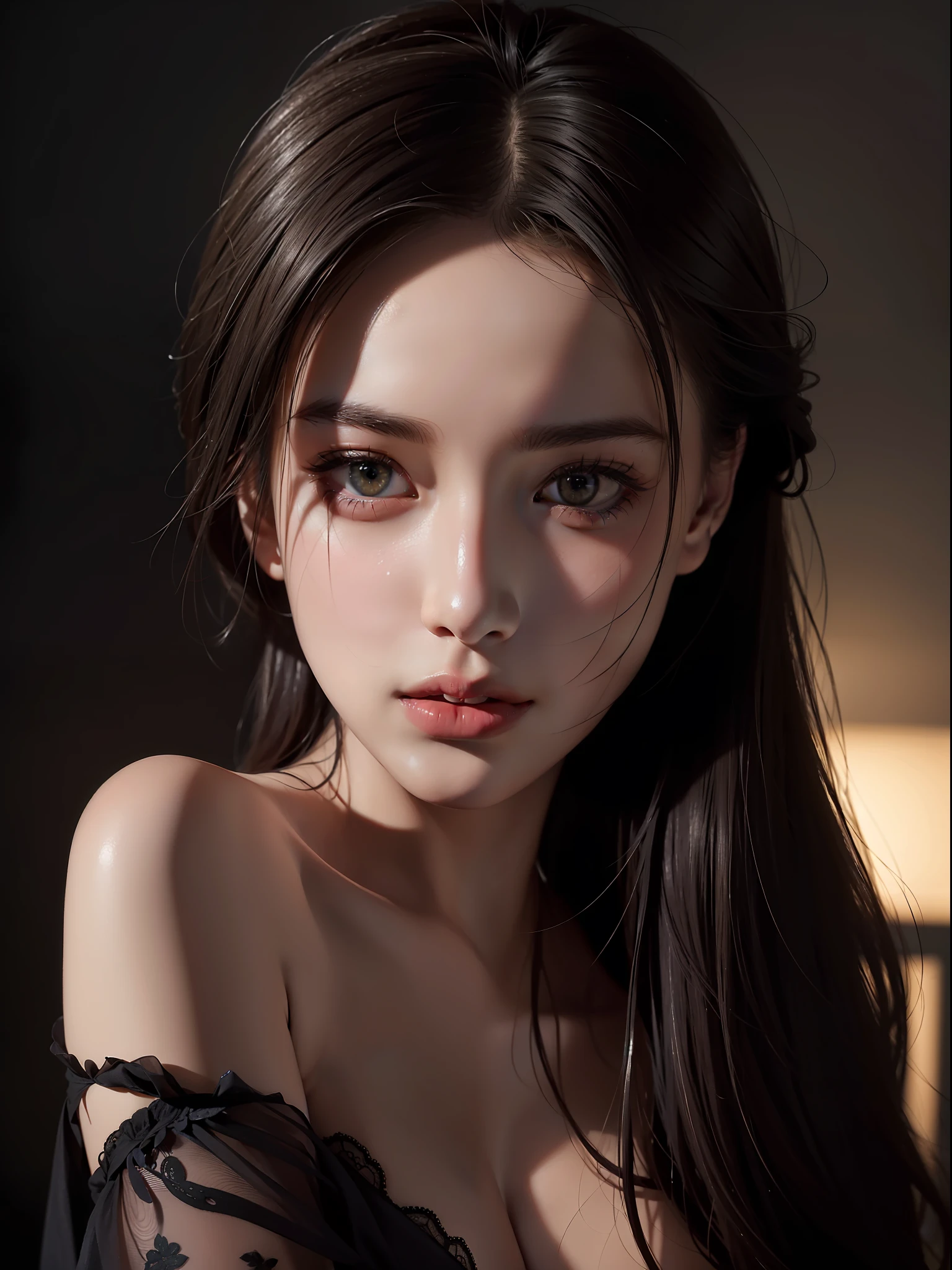 Best quality, masterpiece, ultra high res, (photorealistic:1.4), raw photo, 1girl, offshoulder, in the dark, deep shadow, low key, cold light