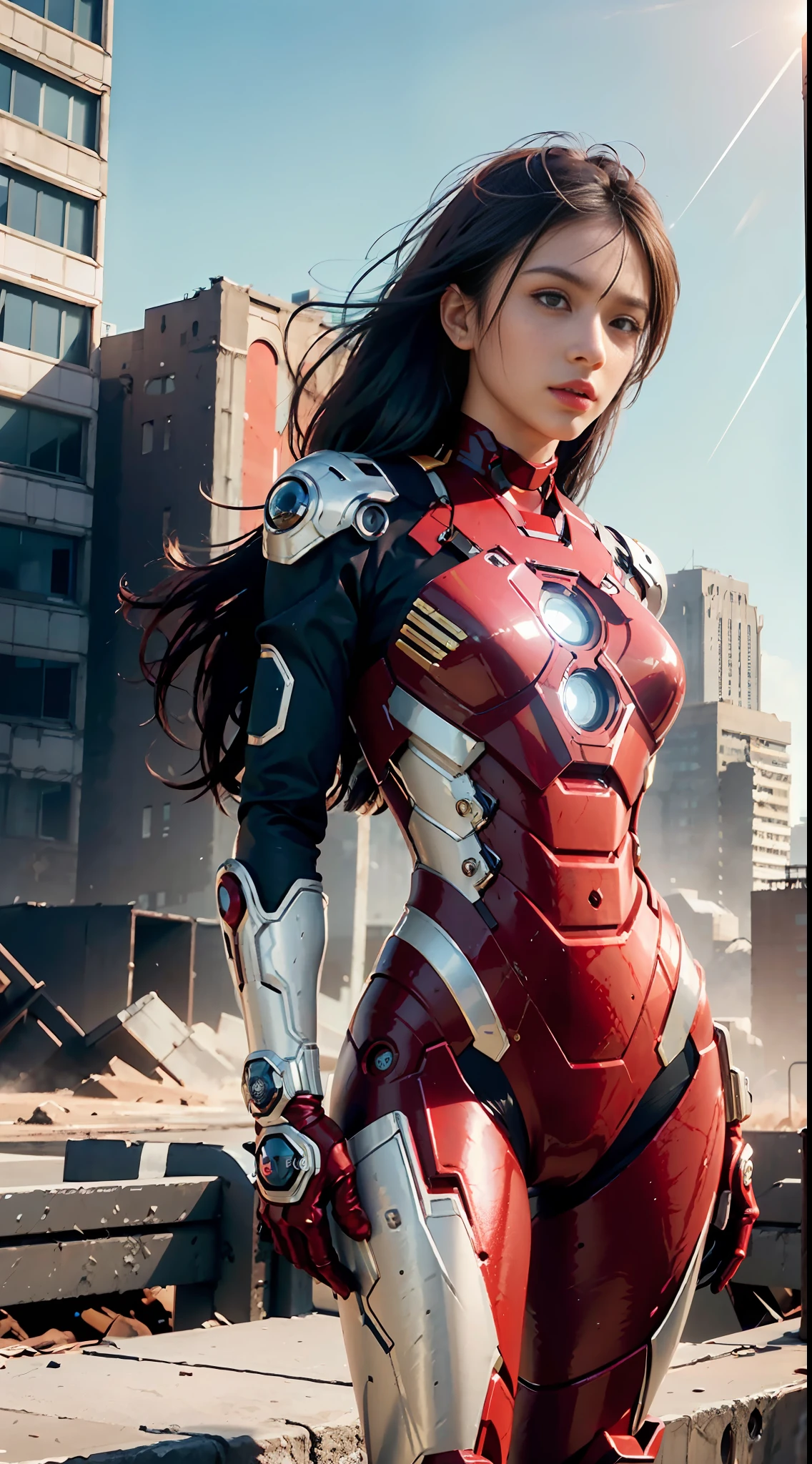 RAW, Masterpiece, Ultra Fine Photo,, Best Quality, Ultra High Resolution, Photorealistic, Sunlight, Full Body Portrait, Stunningly Beautiful,, Dynamic Poses, Delicate Face, Vibrant Eyes, (Side View) , she is wearing a futuristic Iron Man mech, red and gold color scheme, highly detailed abandoned warehouse background, detailed face, detailed and complex busy background, messy, gorgeous, milky white, high detailed skin, realistic skin details, visible pores , sharp focus, volumetric fog, 8k uhd, dslr camera, high quality, film grain, fair skin, photorealism, lomography, sprawling metropolis in futuristic dystopia, view from below, translucent