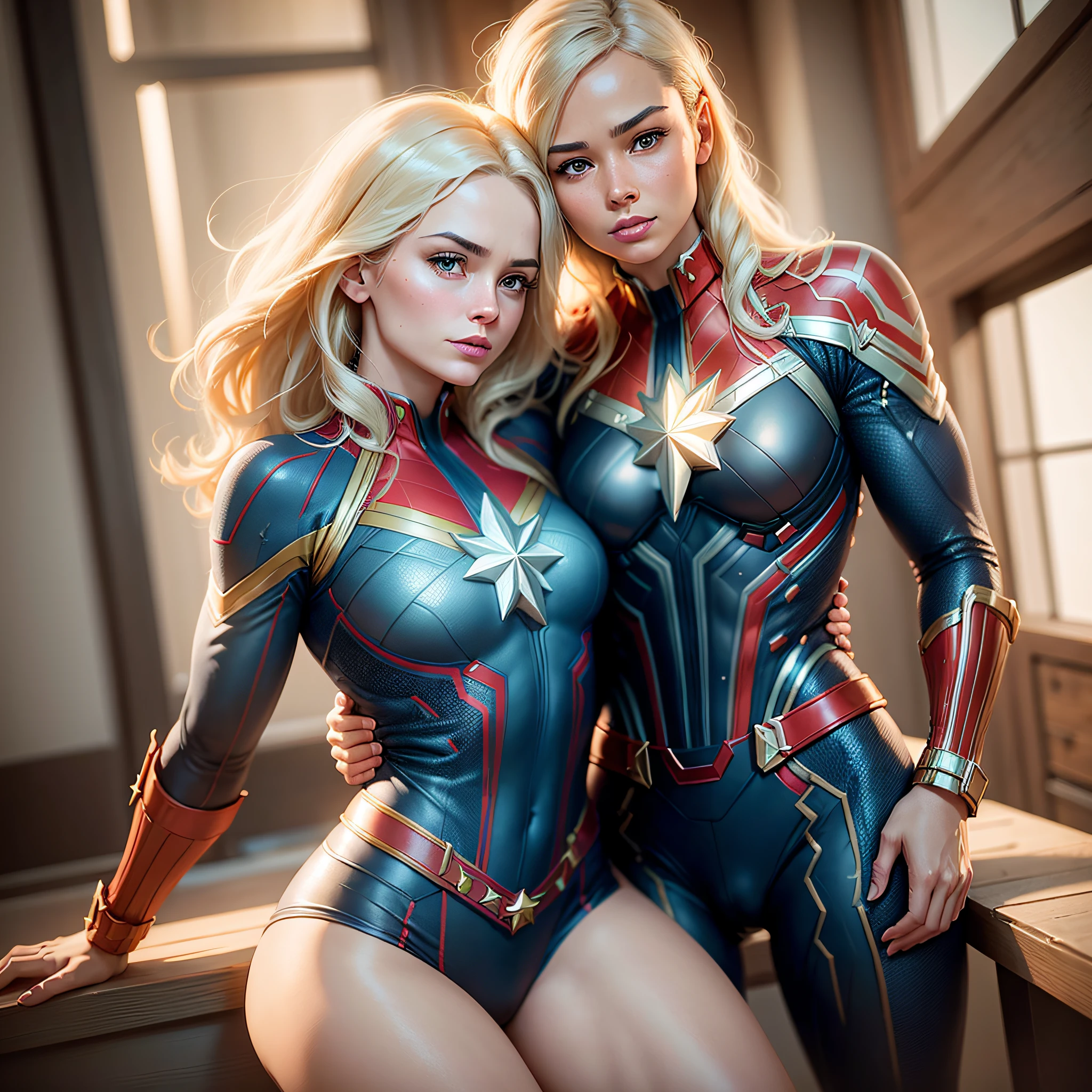 Captain Marvel together embraced with handsome Captain American Realistic detailed face Detailed body Highly detailed 8k CGI resolution, sunlight, New York captured with a Hasselblad X1D 50C, Hasselblad XCD 80mm f/1.9, f/2.8 - f/4, 1/125 - 1/250, ISO 100 - 400 --auto --s2