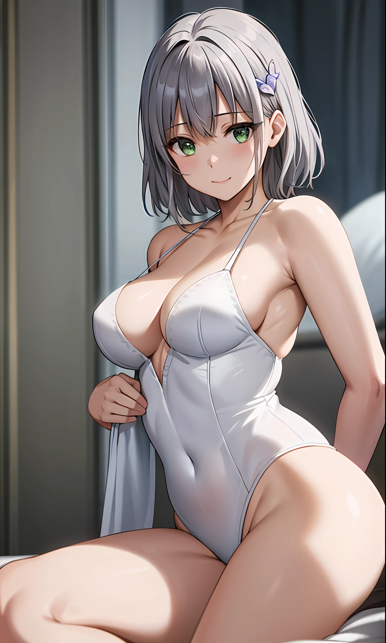 Top quality, (Masterpiece: 1.2), Very detailed, Own room, 1 girl, Solo, (muse), smile, watch the viewer, gray hair, circle of angels, short hair, hair ornament, green eyes, light in the eyes, white underwear, in the middle of dressing, realistic, from the knees up, glowing skin, fair skin, (medium breasts) ultra-realistic, realistic, photorealistic, portrait, blur,