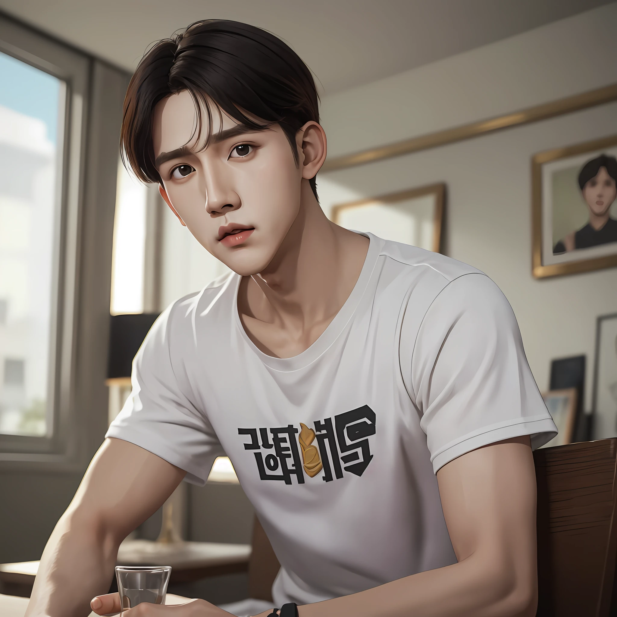 Masterpiece, best quality, (realistic, very detailed), ((a beautiful boy inspired by Korean pop idol JUNG HOSEOK!!!!!!!)), handsome face, short black hair, simple casual clothes, atmosphere, (realism: 1.5), 8k