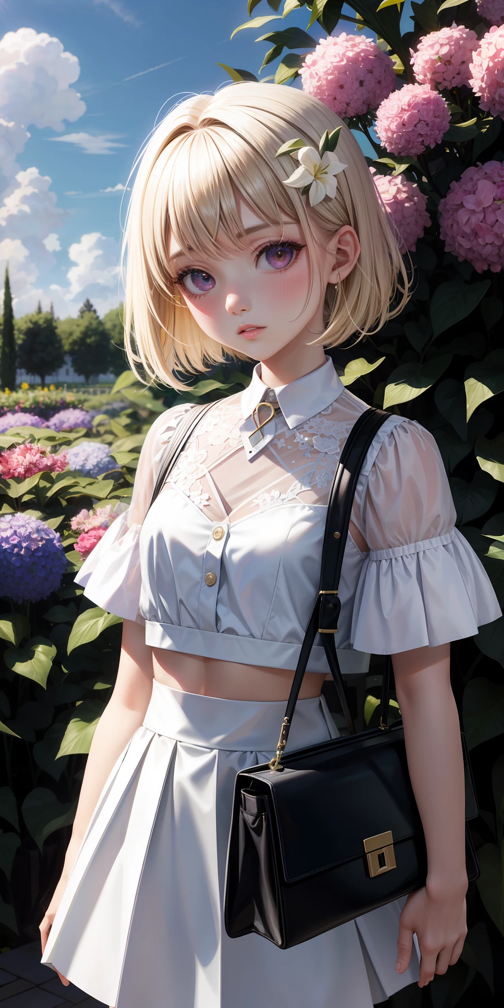 real, girl alone, blonde, very short hairstyle, short bomb, petite, purple eyes, shiny eyes, cropped top, skirt, parted lips, blush, night, flower, sun, sunlight, white skirt, short skirt, medium length hair, reality, warm color, white short skirt, white clothes, light background color, day environment, bright color background, sky, Monet garden