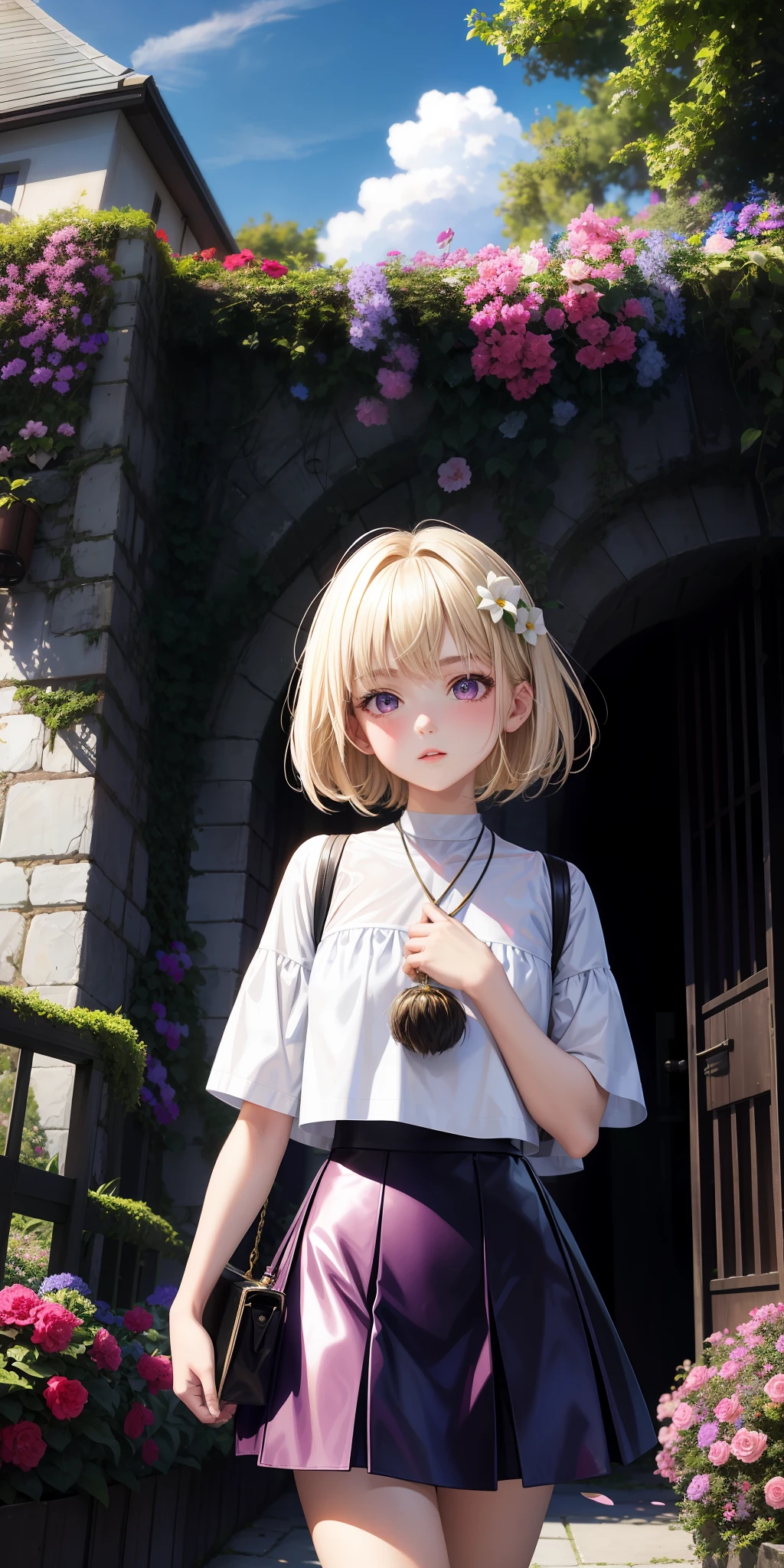 real, girl alone, blonde, very short hairstyle, short bomb, petite, purple eyes, shiny eyes, cropped top, skirt, parted lips, blush, night, flower, sun, sunlight, white skirt, short skirt, medium length hair, reality, warm color, white short skirt, white clothes, light background color, day environment, bright color background, sky, Monet garden