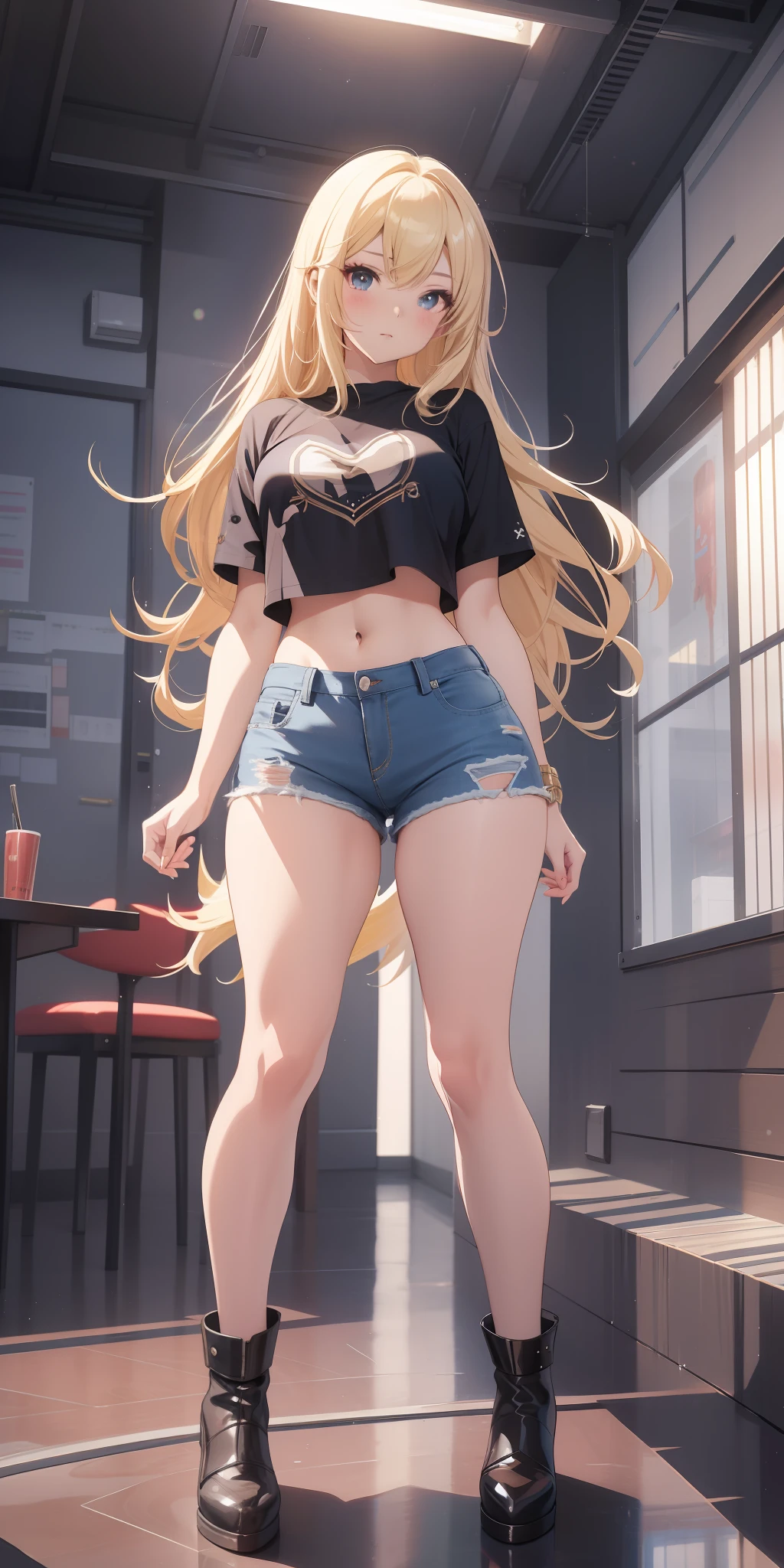 Best quality, high resolution, seductive anime girl, anime goddess, beautiful seductive anime girl, beautiful seductive anime woman, guweiz, long hair blonde anime girl, beautiful anime girl, beautiful anime woman, attractive anime girl, anime girl, pixiv art station on Guwiz, | fine detail anime, little curvy , full body, black stockings and small leather shoes, crop top t-shirt and blue super short jeans, wearing cool, look at viewer, Standing position, blank background