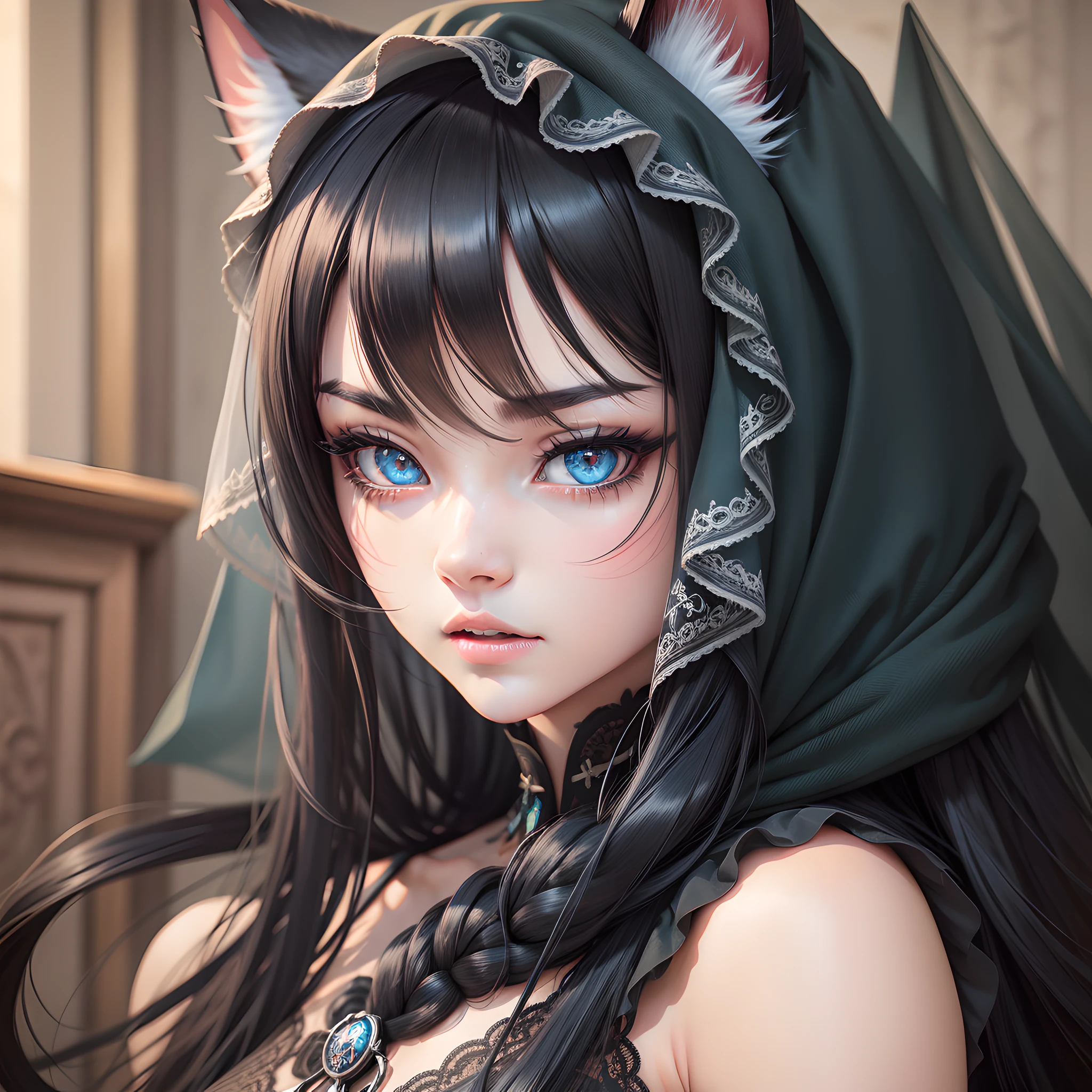 black hair, long hair, mouth veil, longeyelashes, aqua eyes, raised eyebrows, color contact lenses, cat ears, doyagao, excited, parted lips, Verism, depth of field, stereogram, textured skin, super detail, best quality