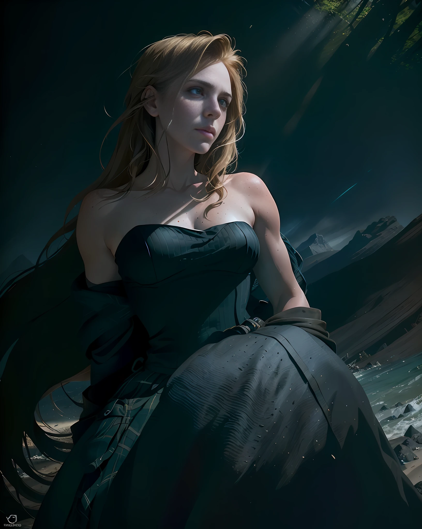 Deep shadows, sinister, winning photo, best quality, masterpiece, upper body, woman, freckled face, windblown blonde hair, emerald eyes, modern strapless dress by Jeremy Lipkin, Antonio J. Mann Sanedo, Lee Jeffries Nikon d850 film stock photo 4 Kodak portra 400 camera f1.6 lens rich colors ultra realistic realistic textures dramatic lighting unreal engine trends on artstation cinestill 800, fisheye lens, Style-Kilt , windy beaches, Scottish lochs, forests