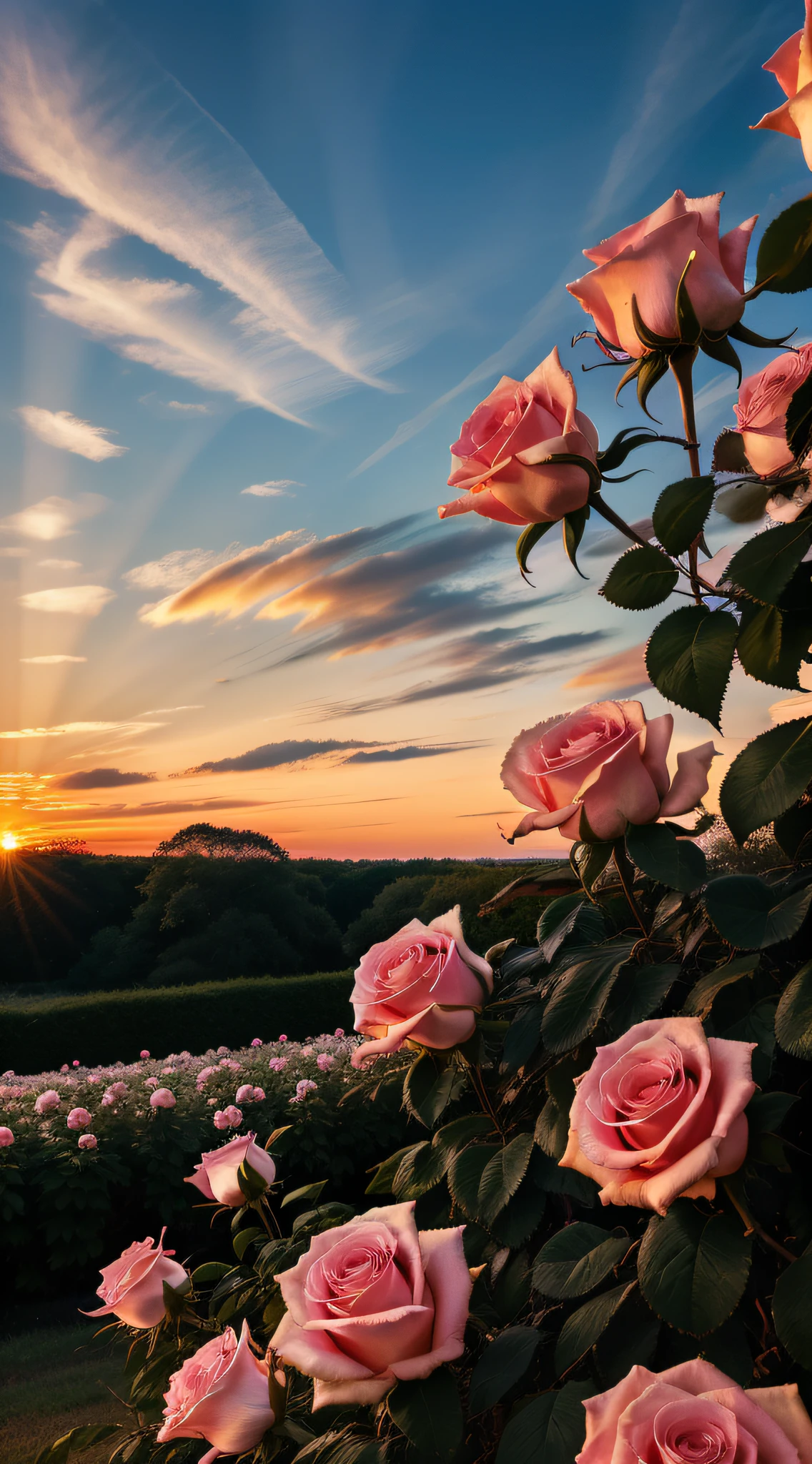 The sky is a magnificent sunset, In front of it is a row of white fences, The fence is covered with delicate roses, The colors of the roses are colorful, The whole picture is romantic, reality, high detail, Realism, chromatic aberration, chiaroscuro, UHD, masterpiece, ccurate, anatomically correct, super detail, high details, high quality, award winning, best quality, highres, 16k