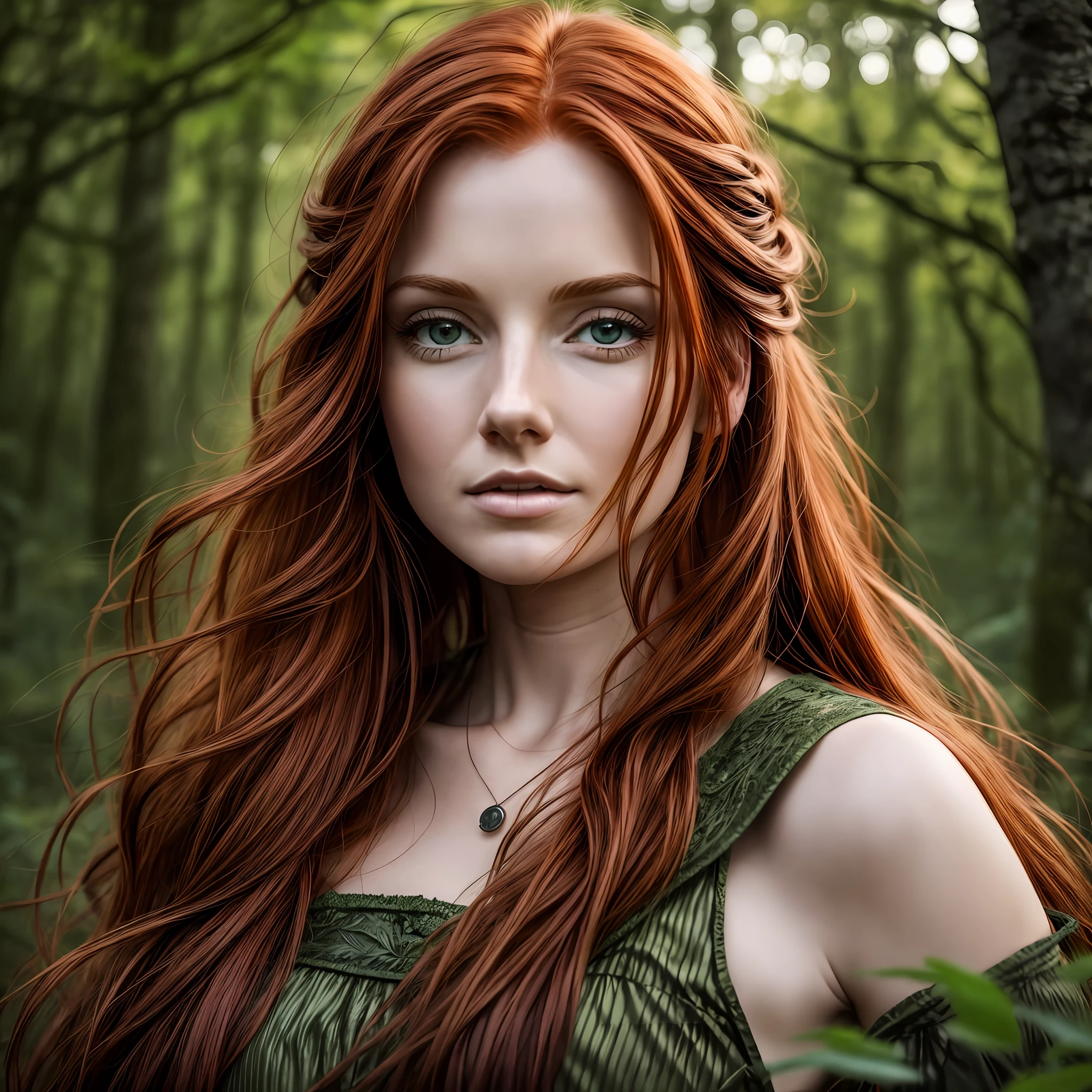 Adult woman, redhead, long hair a little messy, in the middle of a dense forest at night, medieval style, realistic, ultra detailed --auto --s2