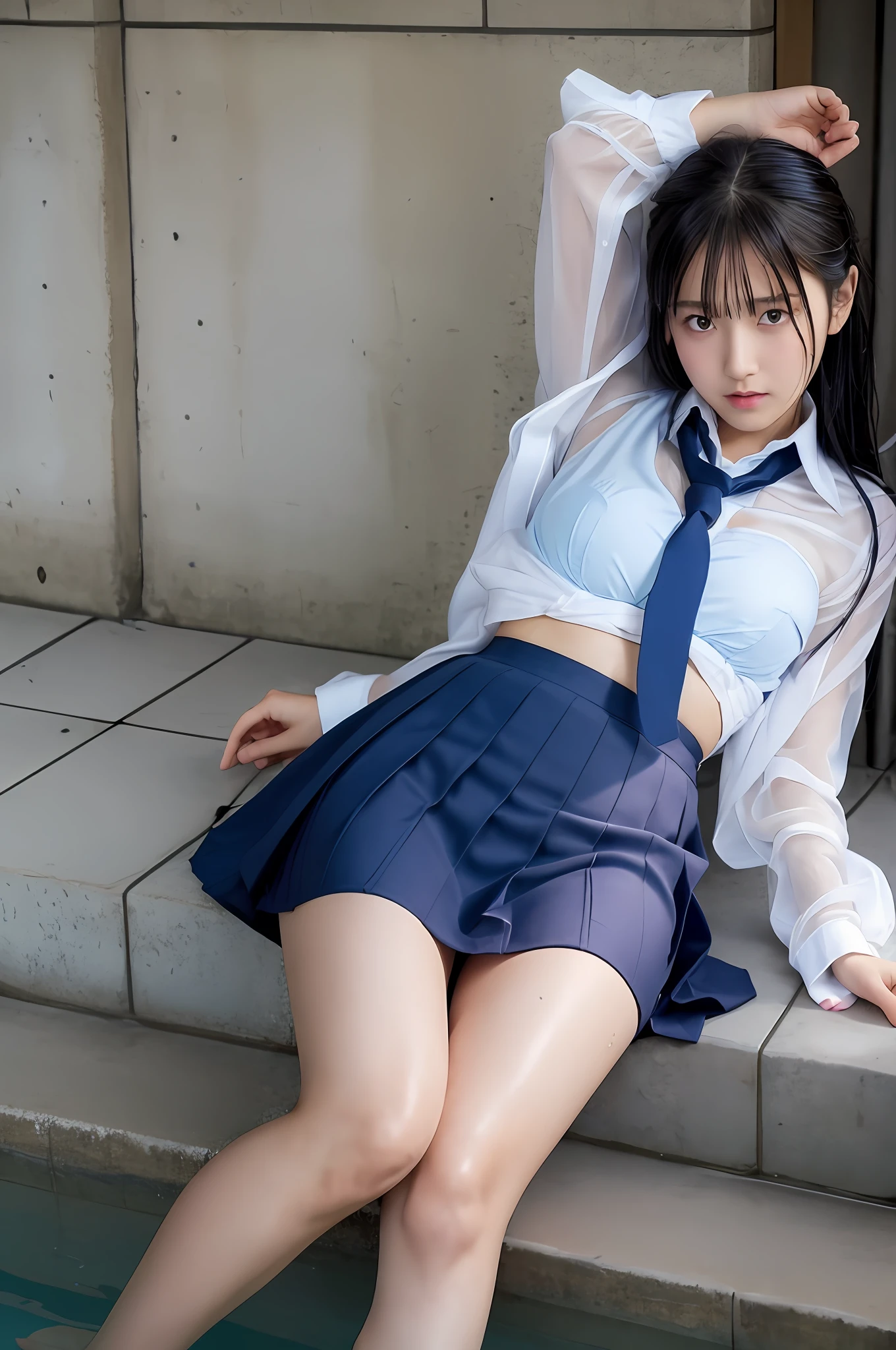 Full body, Japan girl, teenage girl, innocent face, perfect figure, transparency, modest breasts, school uniform, navy blue tie, navy blue skirt, wet and sheer light blue shirt, pink bra, gravure idol, waterside, sweat,