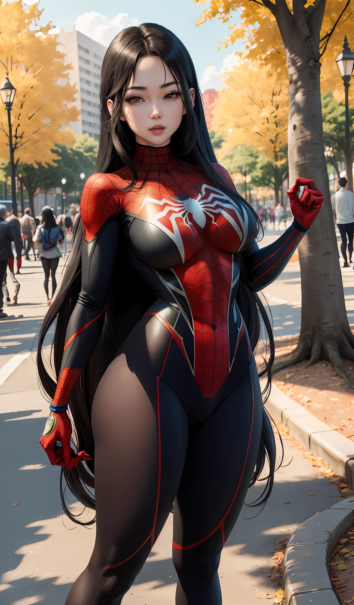 4k, anime characters, charismatic, very detailed, in the park there is a girl in a Spider-Man costume, she is Spider-Man, superhero theme, long black hair, 25 years old, full body, extra large breasts, long hair, facial features are in the golden ratio