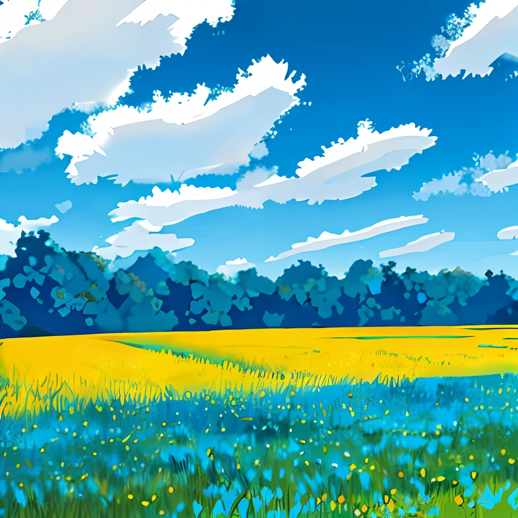 Watercolor painting, blue sky, sunny, few clouds, tranquility, field of flowers, comics style.