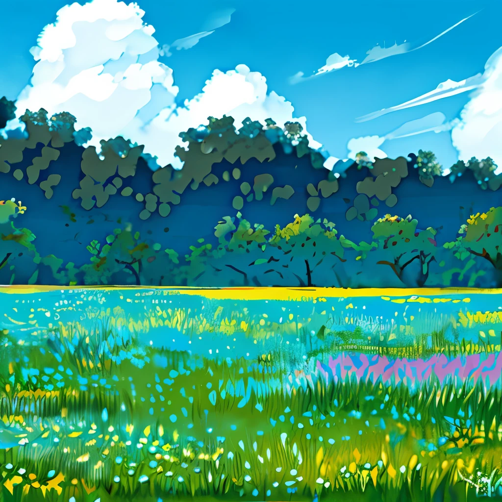 Watercolor painting, blue sky, sunny, few clouds, tranquility, field of flowers, comics style.