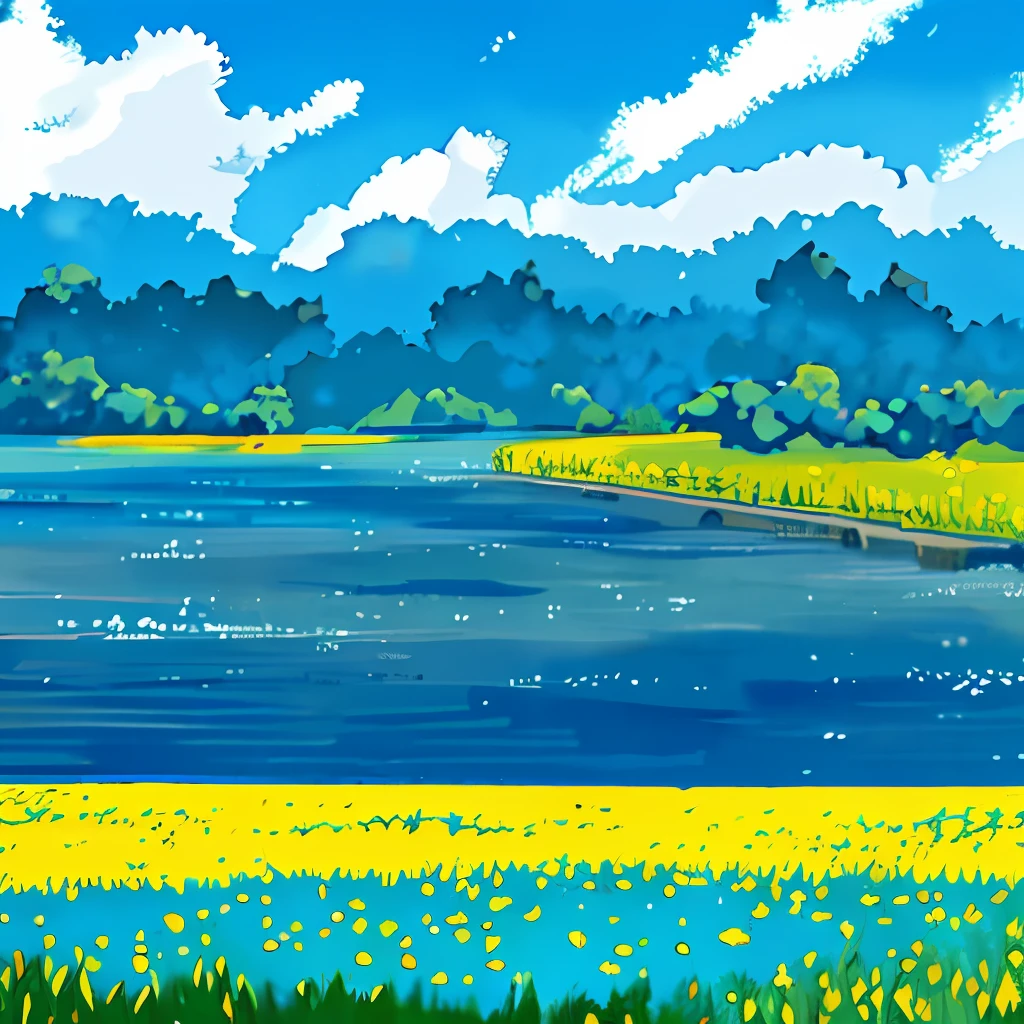 Watercolor painting, blue sky, sunny, few clouds, tranquility, field of flowers, comics style.