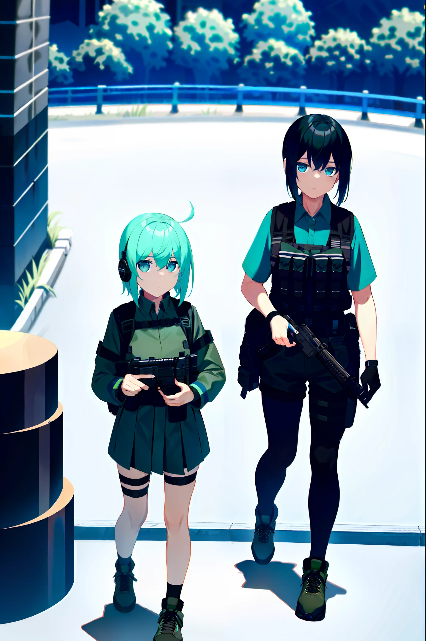 photo of a iom girl, 1girl, bangs, cyan hair, blue eyes, bulletproof vest, gloves, headphones, holster, looking at viewer, medium hair, military, plate carrier, tactical clothes, (black and khaki clothes),  thigh holster, thigh strap, forest, running, black backpack, outdoors,