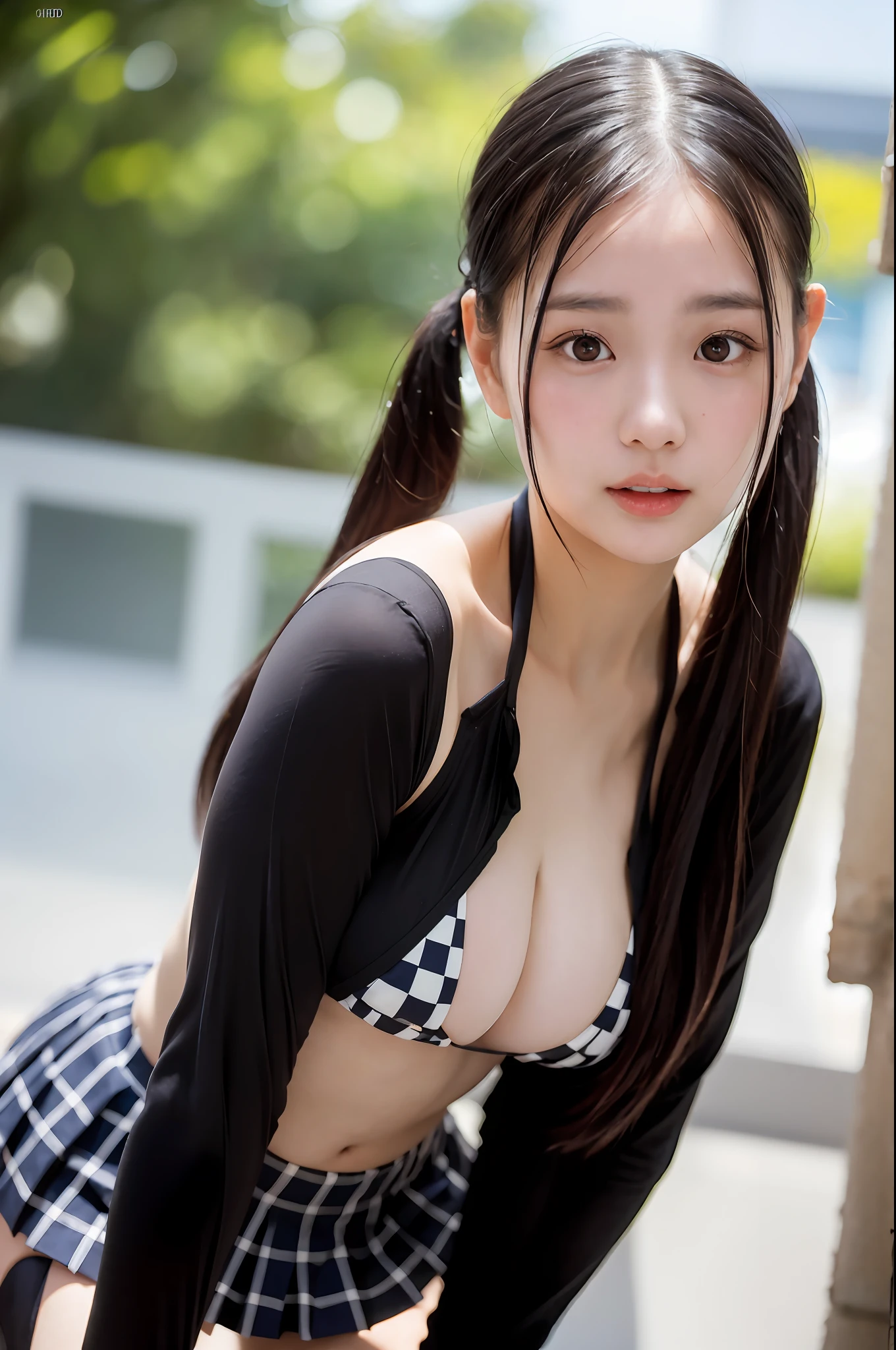 High School, NSFW,8k,(RAW Photo:1.2),(Best Quality:1.4),(Masterpiece:1.4),Best Illustration,Ultra High Definition,Portrait,Film Grain,filmg,1girl,Depth of Field,(Photorealistic:1.4),(Detailed Hair,Realistic Hair,Realistic Lighting,Realistic Shadows,Realistic Clothing,Realistic Skin),Natural Skin Texture,Super Detail,( Portrait: 0.6),(Light particles,Lens flare,Luminous particles:0.6),(Bokeh:1.2),Cute,Professional Lighting,Photon Mapping,Radiosity,Physically Based Rendering,Incredibly Absurdity,Glossy Skin,(Pale Skin:1.2),(pureerosface_v1:0.7),(Close-up:1.1),(Fair Skin:1.1) , (round face: 1.5),open mouth,puffy eyes,purple eyes,double eyelids,(egyosar:1),(long hair:1.1),floating hair NovaFrog style,high ponytail,floating hair,makeup,(very dark lip gloss,so many eyelashes,eye shadow),beautiful legs,(unbuttoned shirt:1.1),sailor suit,((school uniform, Checkered pleated skirt)),white shirt,super short skirt,(big breasts:1.2),(ass:1.2),knee socks,outdoors,city,sunny,full body,on all fours,female panther pose,show back,backwards,(beautiful nipple slip: 0.9),Japan girl,face down,butt sticking out,buttocks turned,stick out,areola protruding, Clearly visible shape of pubic area, pubic hair, bristles on lower abdomen, crotch open