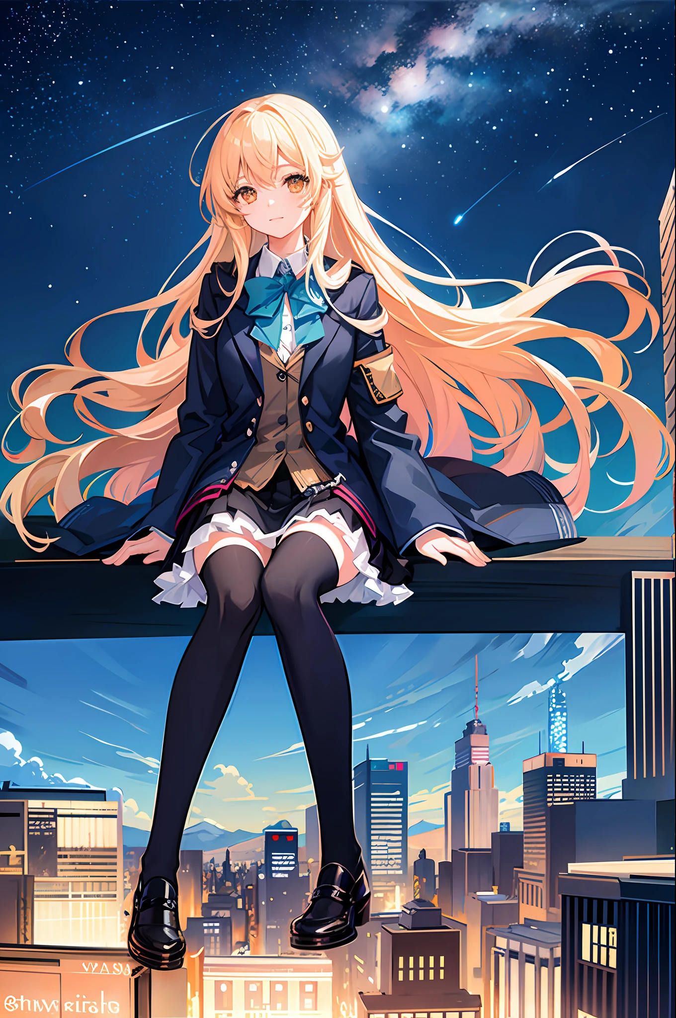 octans, sky, star (sky), scenery, starry sky, night, 1girl, night sky, solo, outdoors, building, cloud, milky way, sitting, tree, long hair, city, silhouette, cityscape