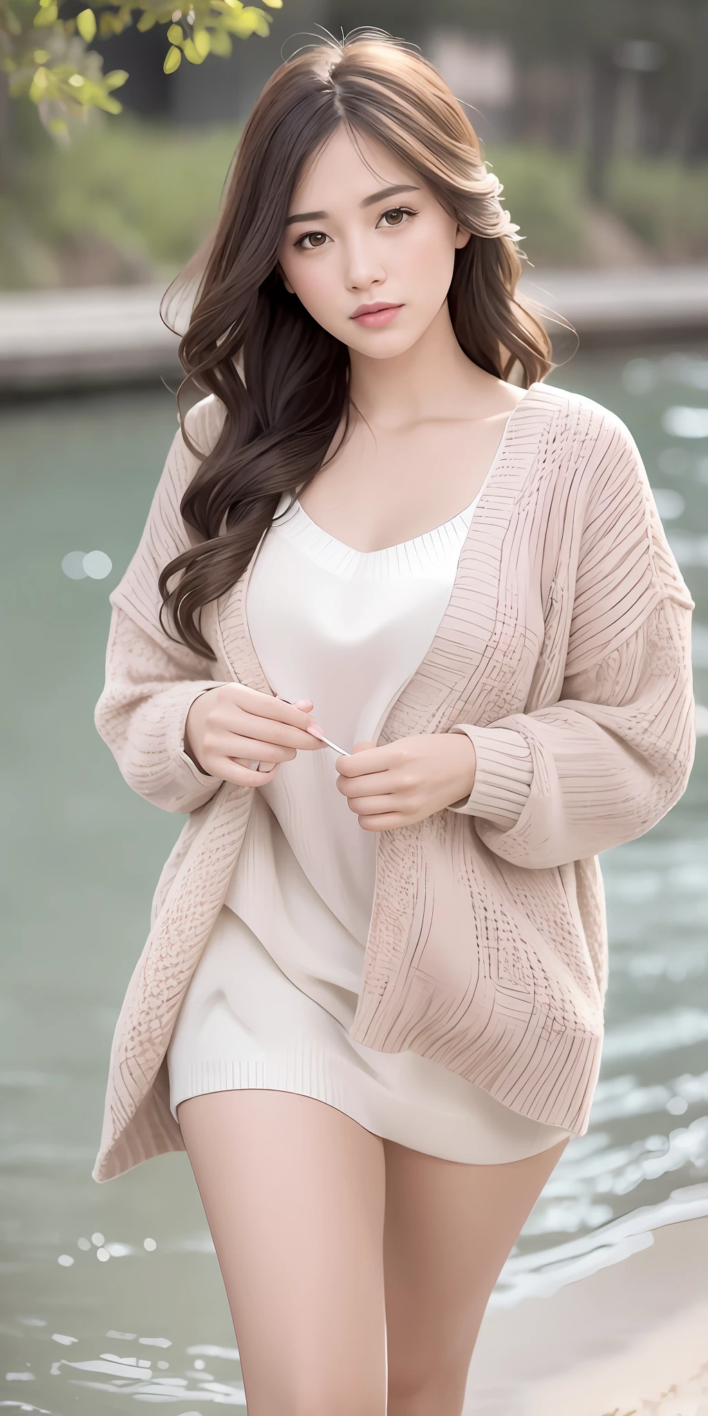 1girl walking on the river, mix4, sweater, pillow, lips, open_mouth, realistic, photo_\(medium\), solo, stuffed_animal, stuffed_toy, teddy_bear,(masterpiece),(photorealistic:1.3), ultra-detailed, (high detailed skin:1.2),(best quality:1.0), (ultra highres:1.0), (ulzzang-6500:0.3), wavy detailed hair, long hair, sunshine, (beautiful detailed makeup), ( aroused blushing heavy breathing:1.0), floral theme flower petals scatteresoft glow bloom:0.5)