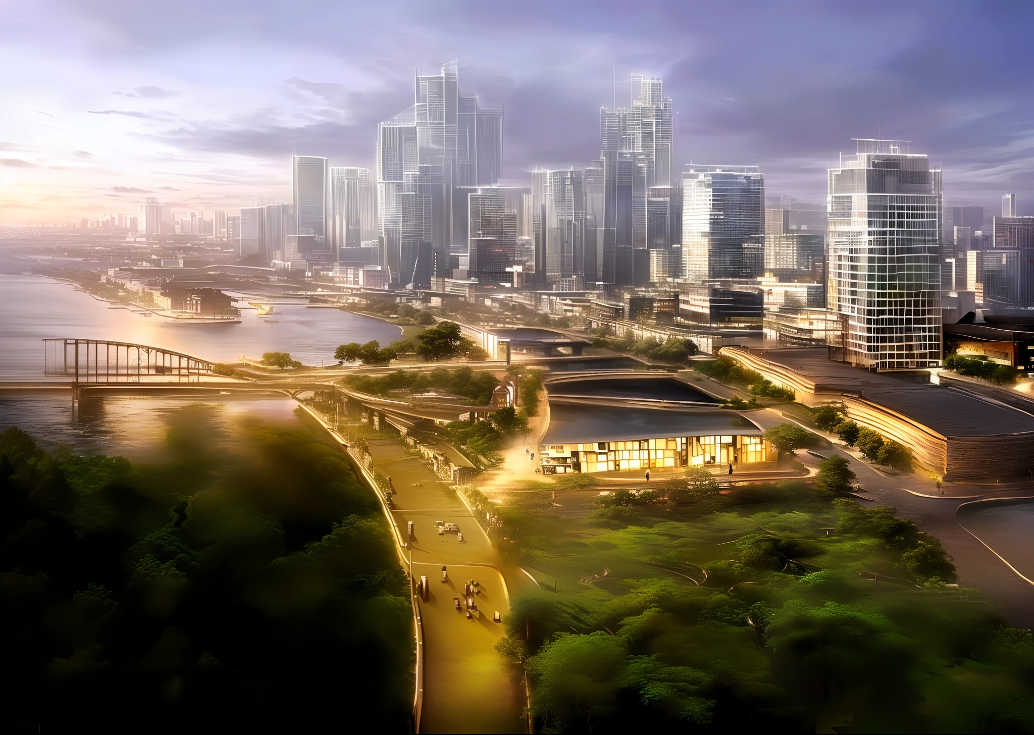 An urban drawing with a river and a bridge in the middle, the future of Mumbai, the tech city in the background, (((modern architecture))), concept art highly detailed, São Paulo in 2 0 7 0 years, HD, detailed, masterpiece, real --auto --s2