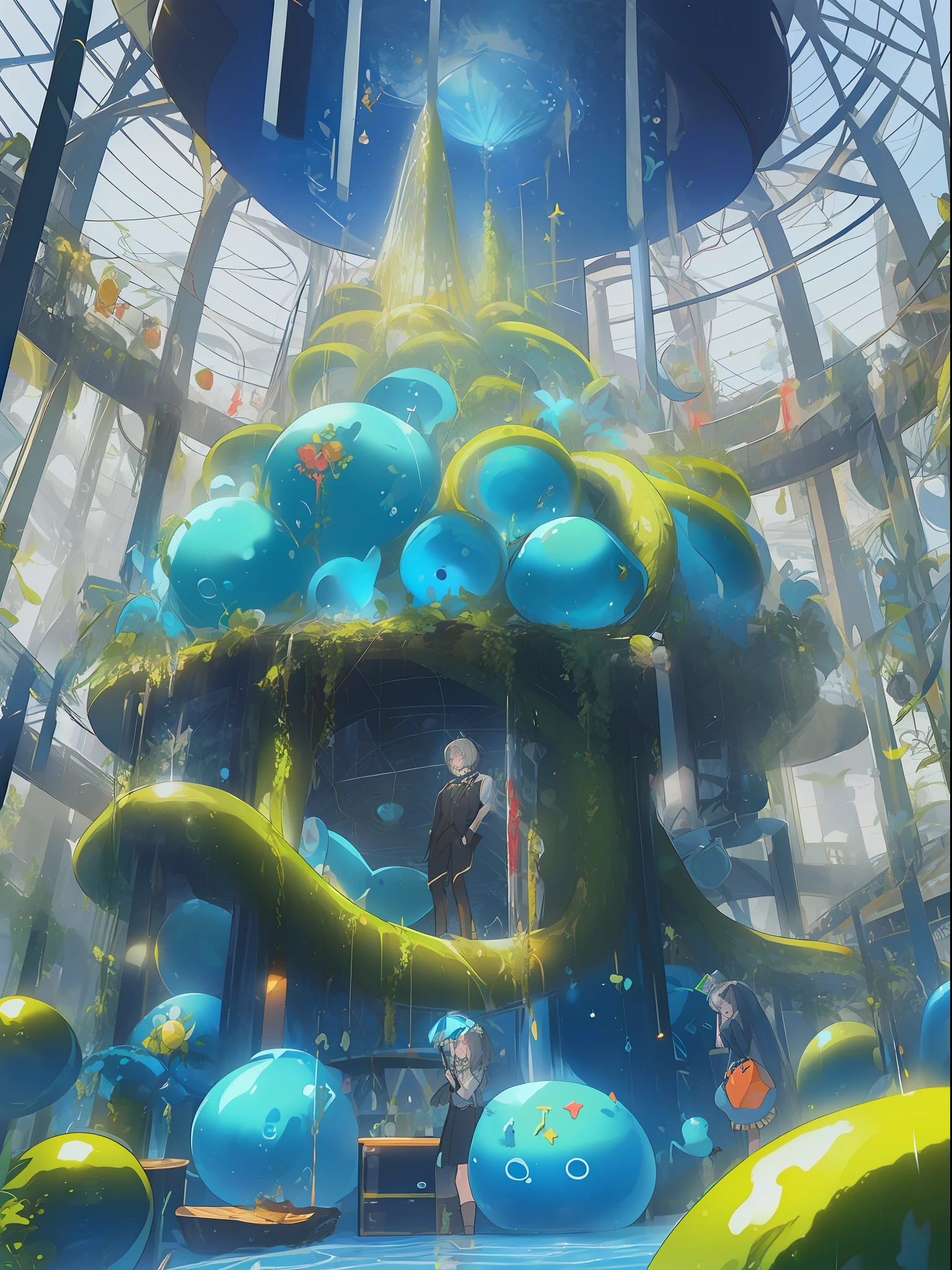 Dark Blue Moon, Anime Style, Character, Chest Up, Portrait, Portrait, 2boy, Butler, Eyelash, Jewel Eye Detail, Highly Detailed Face Depiction, Dome World, Consciousness Trapped in Blue Kowloon Star, (Emulator Mouse and Ultrasound Vision Connection, Digital Signage Umbrella - Hanging Umbrella), Presence of Clones and Androids, (Performing Debugging, Application operation, virus, error sound), (Conflicting Emulator, Range, Robert Robert, Virtual Reality, High-Tech, Competition, Clone, Android), Pan Closet, Cyber, Virtual Reality, 2boy, 1 Butler android, 1chatGPT, Giant Yellow Fruit, World Tree, Funassi, Lanlanlou, Chic, Butler Who Can't Stop Tongue-in-Clicking, 77777, jackpot, dancing props, fruits wrapped in yellow translucent outlines, Kowloon world tree towering more than 200 meters and reaching the ceiling of the dome, worm virus, huge tree roots along the coastline, big slime, handshake, surface tension of fruits, blue Kowloon star, slime fruit, scattering flowers, fruit-bearing, metamorphosing, green vine-like tendrils, countless feathers sprouting from the skin, Kowloon World Tree with Giant Yellow Fruit, Giant tree root proliferation that moves like octopus tentacles and disguises itself as marine life, (range to operate the application), large slime fruit, maintaining a certain size due to surface tension, metamorphosis of flesh-like creatures that witness and bear fruit from the World Tree during gunfights
