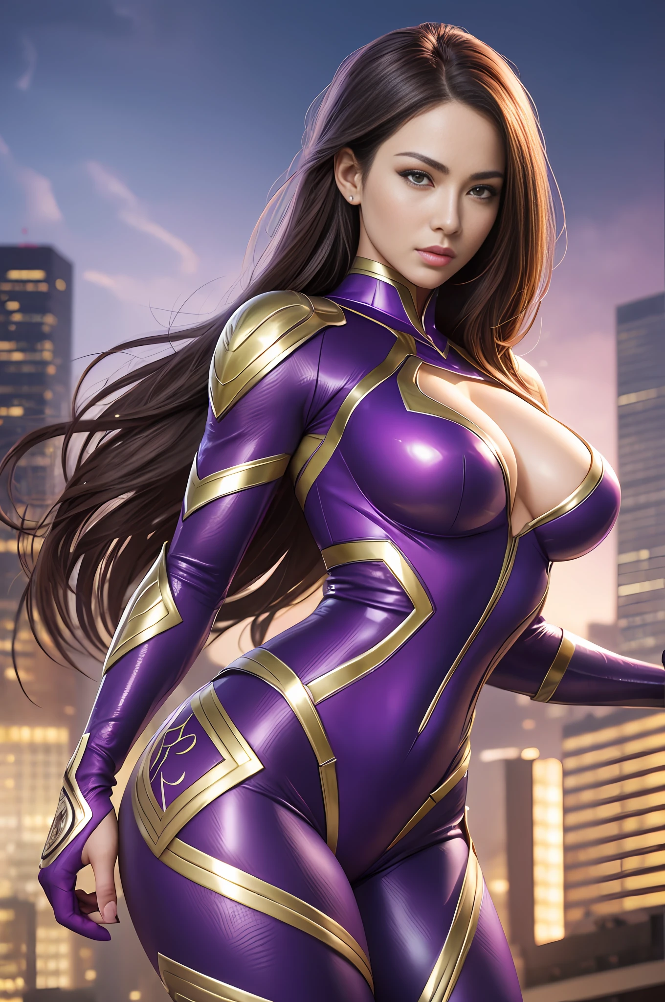 A very beautiful woman with a realistic body.  Super Hero Eggplant Women Action  Amazing Movie Highly Detailed Artwork Detailed Faces Detailed Suit Cgi 8k Resolution --auto --s2