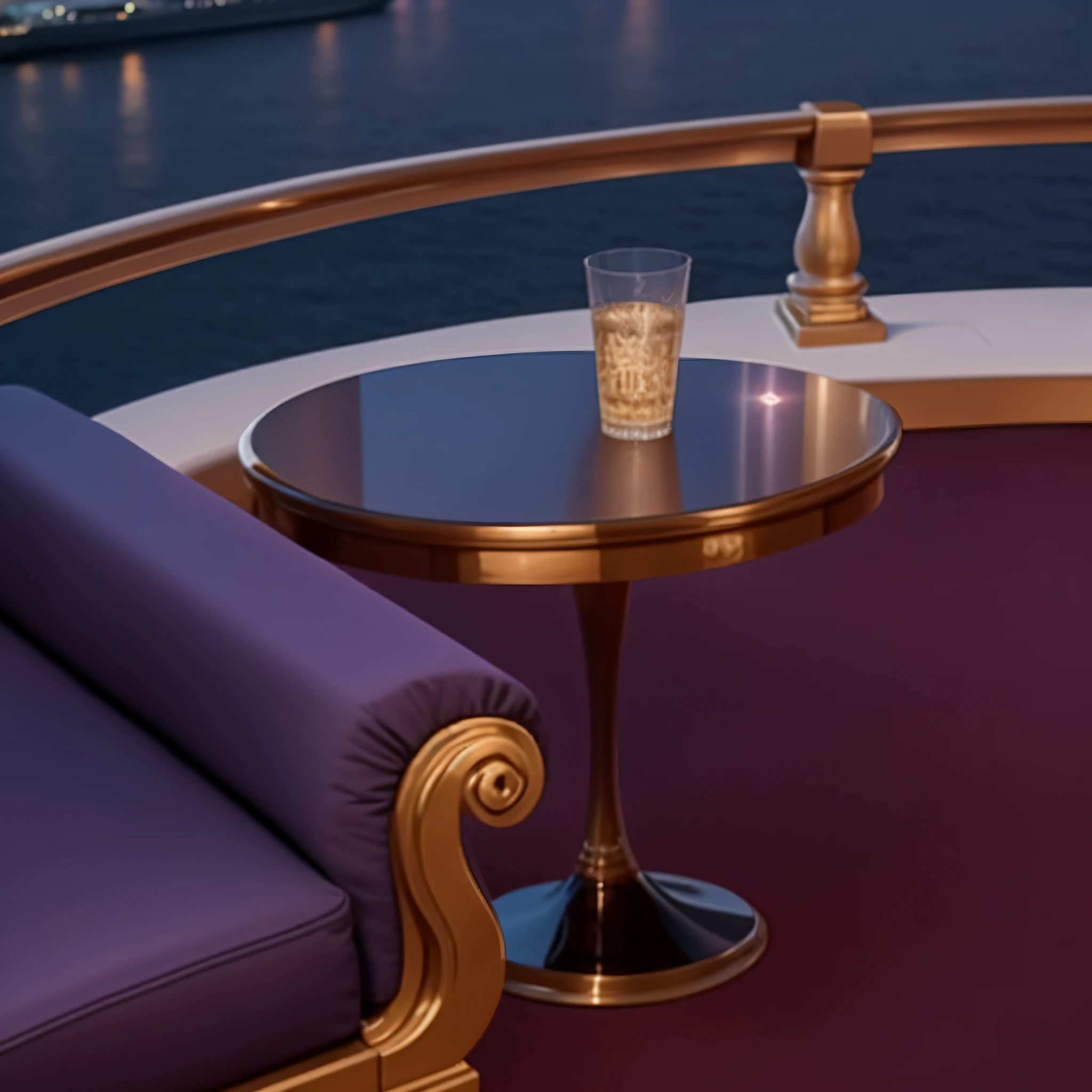 purple couch and table on a balcony overlooking a city, by John La Gatta, on a super yacht, beautiful views, on the deck of a ship, high quality image, stunning view, luxurious environment, night setting, mid shot portrait, evening lighting, cinematic detail, disney fantasy style, glamorous setting, fine portrait, 8 k detail, 8k detail