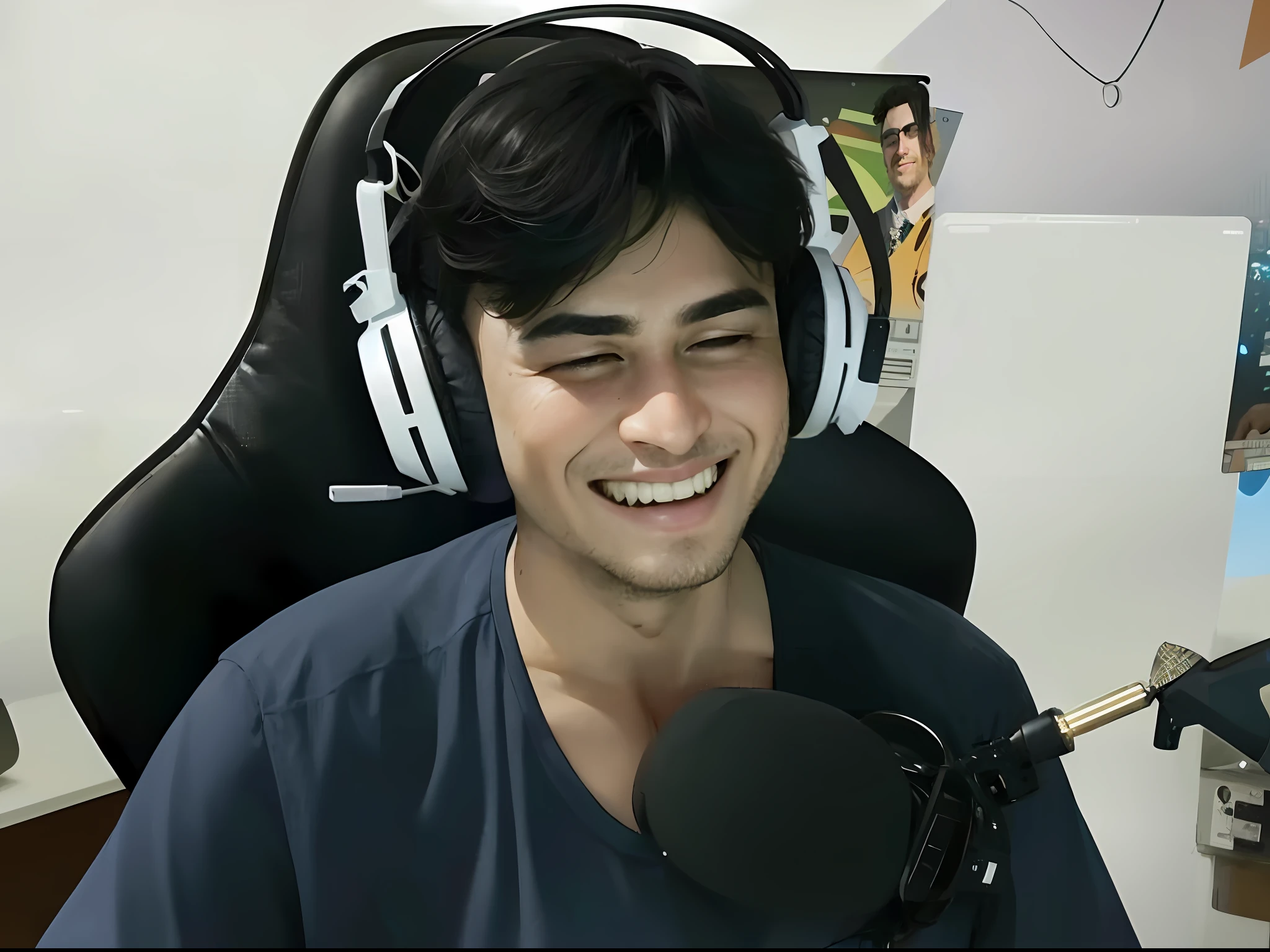 smiling man with headphones on sitting in front of microphone, mutahar laughing, tony khan wearing a headset, twitch streamer / gamer ludwig, twitch streamer, he is smiling, caio santos, inspired by Adam Dario Keel, carmelo blandino, mateus 9 5, very slightly smiling, miguel iglesias, aykut aydogdu, headshot profile picture, streaming on twitch