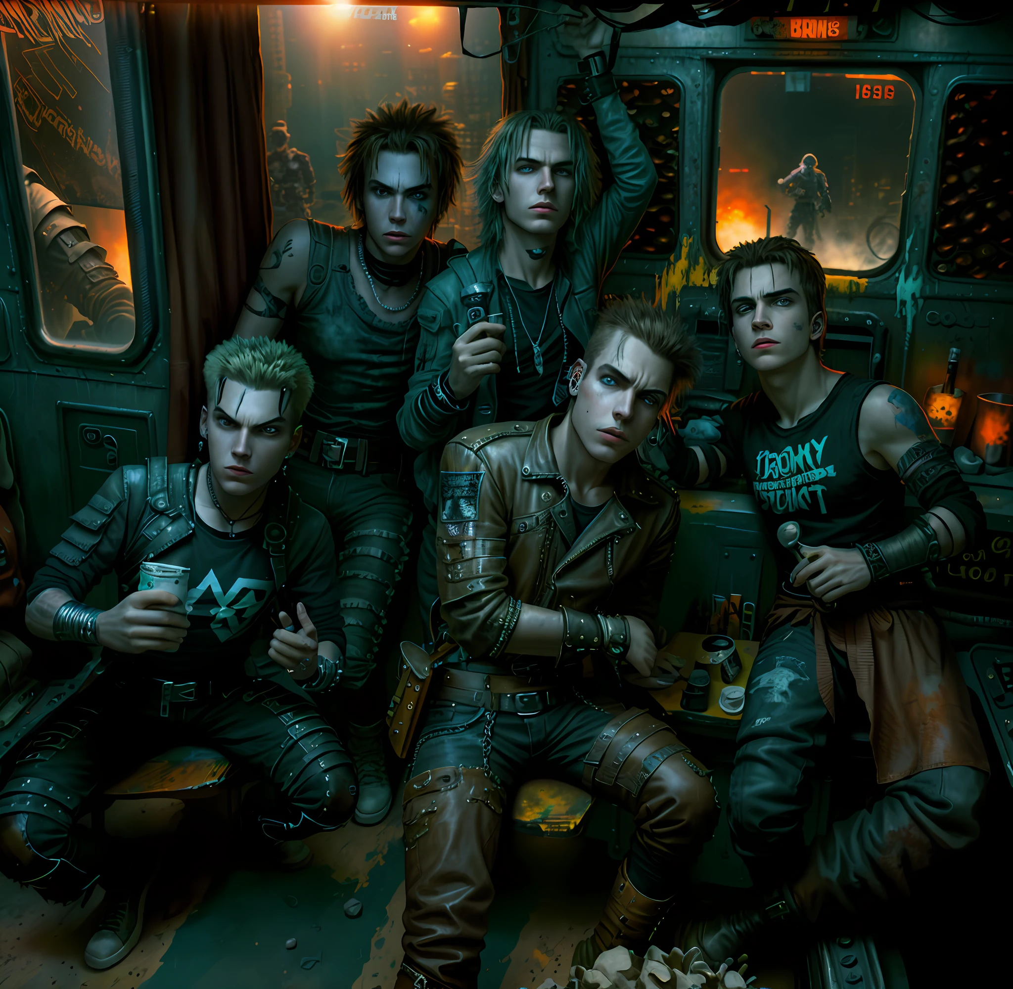 Teenage male rock band, 19 years old, 20 years old, movie poster, mad max, residend evil, high quality, painting, futurism, post apocalyptic, rock band on a train, sunset, mad max, punk, movie poster, realistic painting art.