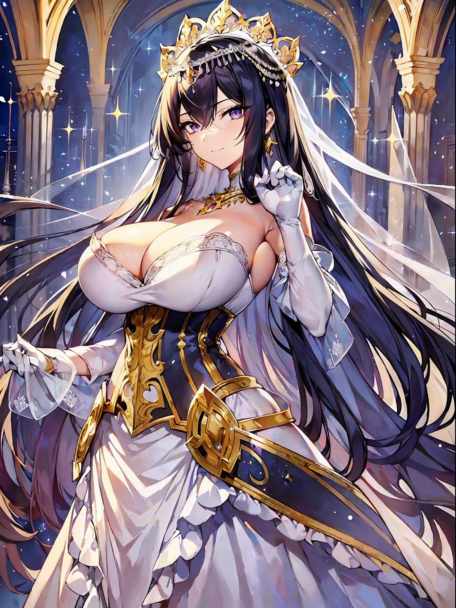 anime art wallpaper 4k,(((anime moe artstyle))),(((Masterpiece))), ((Best Quality)), ((Super Detail)), (Illustration), (((Very Delicate and Beautiful))),Dynamic Angle,Looking at viewer,((((Solo)))),((1 arrogant lady in white wedding dress)), (((Full body))),(standing),elegant pose,arrogant,haughty,((haughty smile)),Purple eyes,(Sharp eyes),Detailed Face, Long Eyelashes,Jet Black Hair,(Straight Hair),(((Very Long Hair))),Bangs between eyes, ((gigantic breasts)),cleavage,skindentation,curvy,(wedding dress),corset,hoop skirt,crinoline,long wedding veil,opera gloves,finely decorated jeweled big tiara, gem earrings,finely decorated necklace,Beautifully jeweled ornaments,indoor,royal room,light particles,