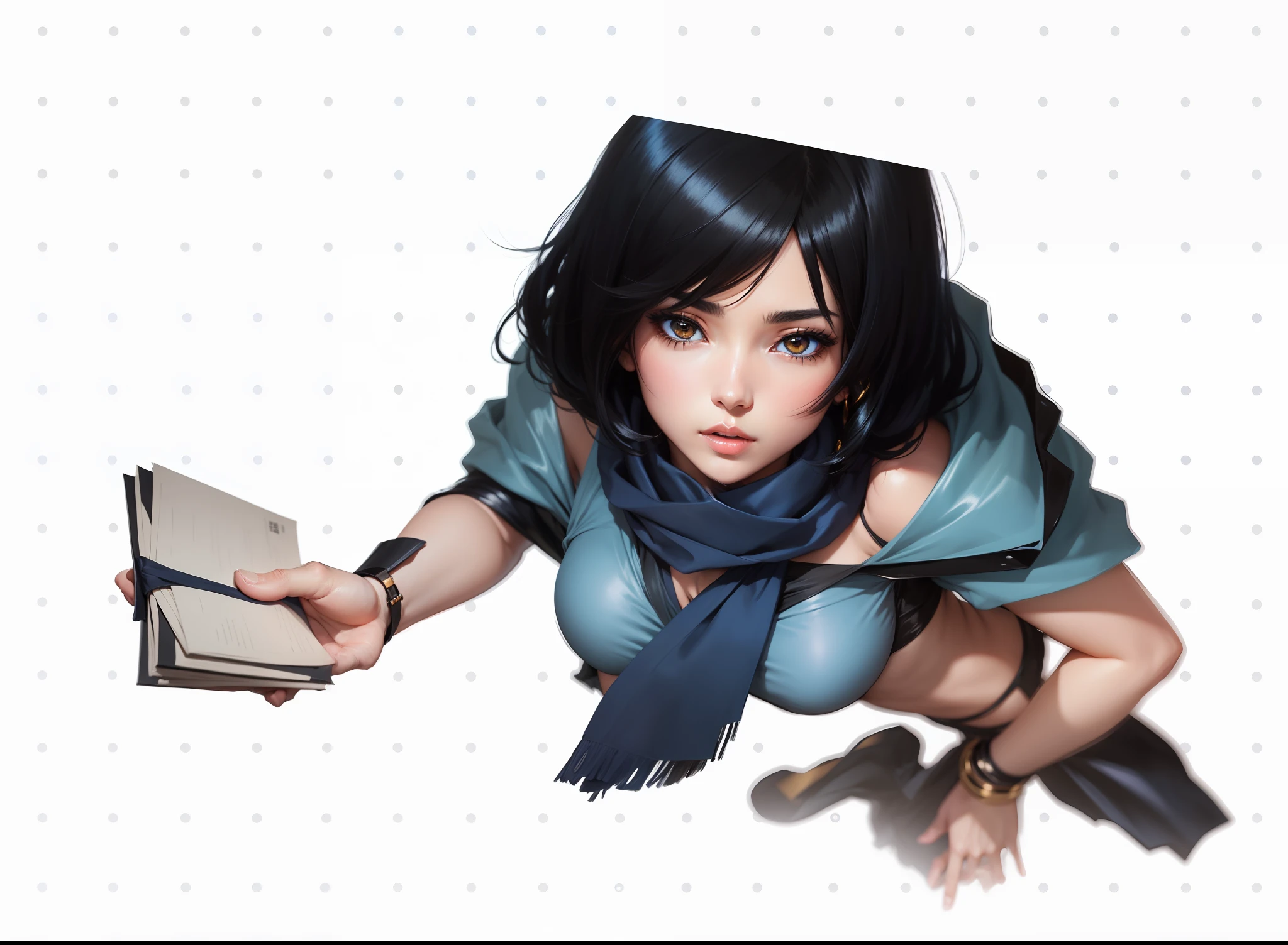 Anime-style woman with shoulder-length black hair with a blue scarf around her neck and a black coat with golden edges --auto --s2