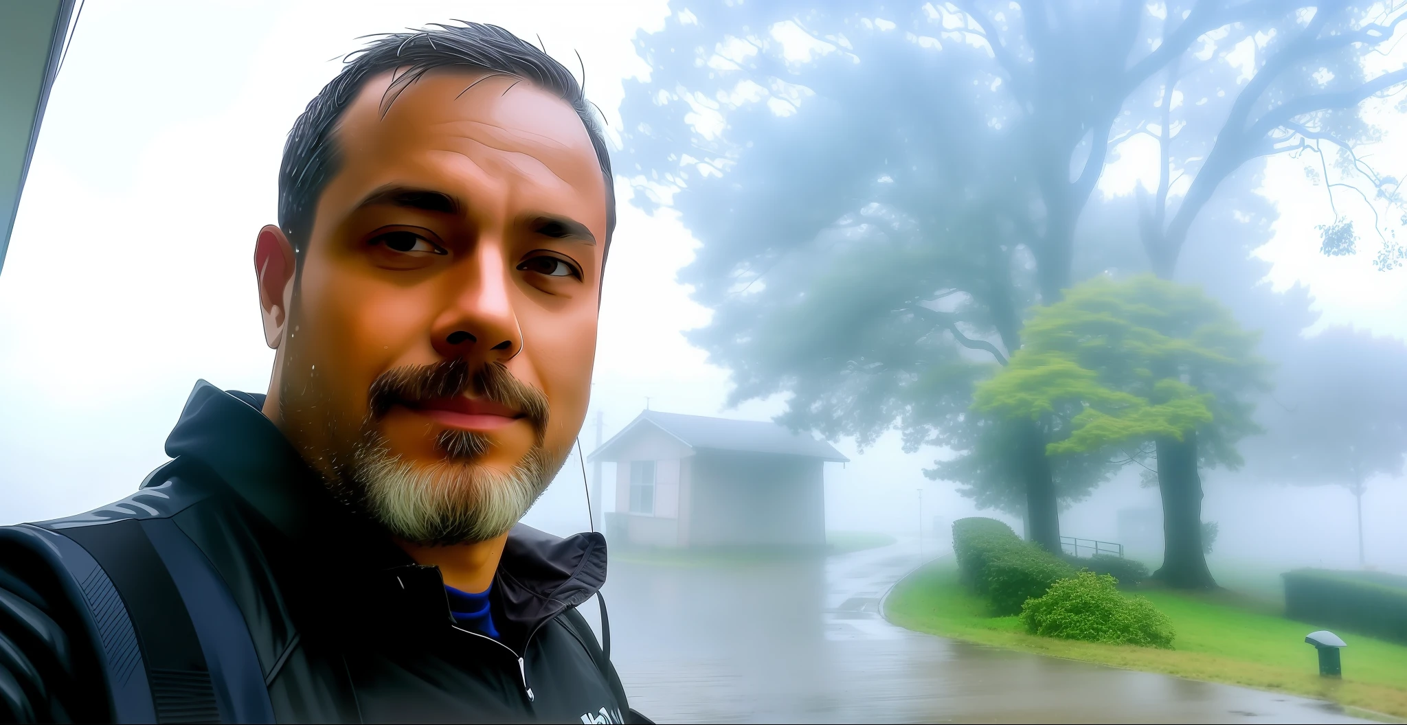 There is a man who is standing in the rain outside, in a rainy environment, anime style, rainy day outside, foggy and raining, Gui Guimarães, foggy day outside, rainy outside, in the rain, at night during the rain, raining outside, on a rainy day, rainy and foggy, in the rain in the early evening, with fog, foggy rainy day