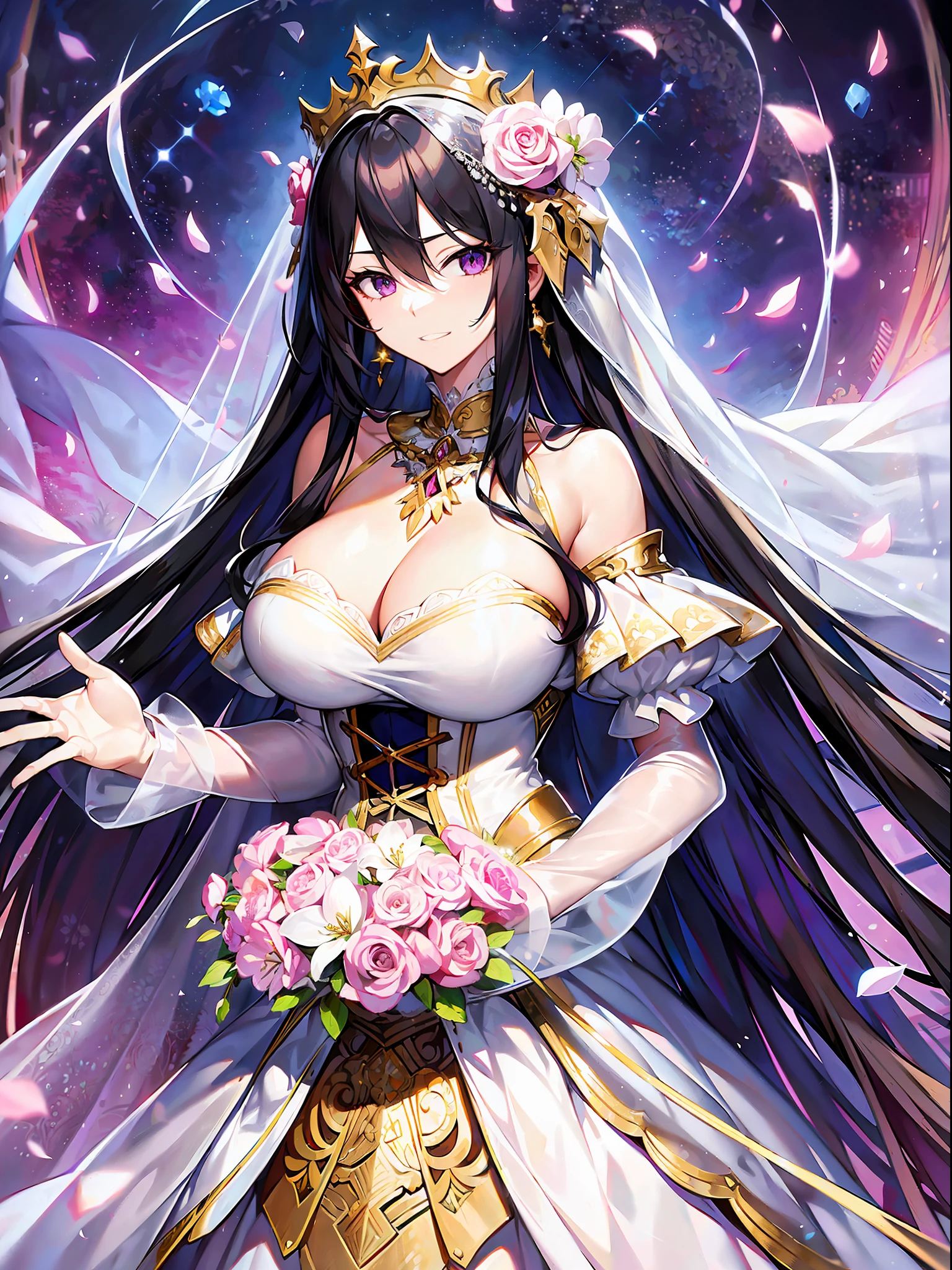 anime art wallpaper 4k,(((anime moe artstyle))),(((Masterpiece))), ((Best Quality)), ((Super Detail)), (Illustration), (((Very Delicate and Beautiful))),Dynamic Angle,Looking at viewer,((((Solo)))),((1 arrogant lady in white wedding dress)), (((Full body))),(standing),elegant pose,arrogant,haughty,(((haughty smile))),Purple eyes,(Sharp eyes),Detailed Face, Long Eyelashes,Jet Black Hair,(Straight Hair),(((Very Long Hair))),Bangs between eyes, ((gigantic breasts)),cleavage,(wedding dress),corset,hoop skirt,crinoline,long wedding veil,opera gloves,finely decorated jeweled big tiara, gem earrings,finely decorated necklace,Beautifully jeweled ornaments,outdoor,sky, white lily flowers, flower petals flowing, flowers,in the flower garden,church,light particles,