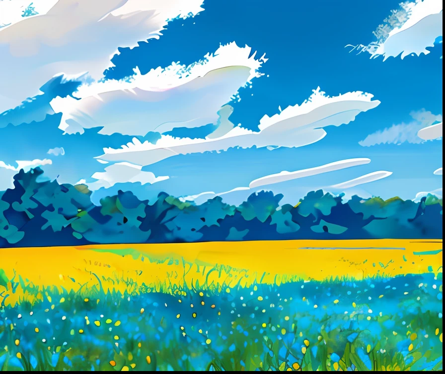 Watercolor painting, blue sky, sunny, few clouds, tranquility, field of flowers, comics style.