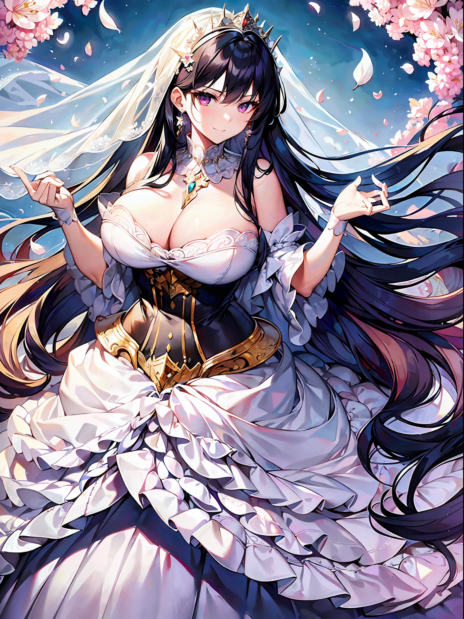 anime art wallpaper 4k,(((anime moe artstyle))),(((Masterpiece))), ((Best Quality)), ((Super Detail)), (Illustration), (((Very Delicate and Beautiful))),Dynamic Angle,Looking at viewer,((((Solo)))),((1 arrogant lady in white wedding dress)), (((Full body))),(standing),elegant pose,arrogant,haughty,(((haughty smile))),Purple eyes,(Sharp eyes),Detailed Face, Long Eyelashes,Jet Black Hair,(Straight Hair),(((Very Long Hair))),Bangs between eyes, ((gigantic breasts)),cleavage,(wedding dress),corset,hoop skirt,crinoline,long wedding veil,opera gloves,finely decorated jeweled big tiara, gem earrings,finely decorated necklace,Beautifully jeweled ornaments,outdoor,sky, white lily flowers, flower petals flowing, flowers,in the flower garden,church,light particles,