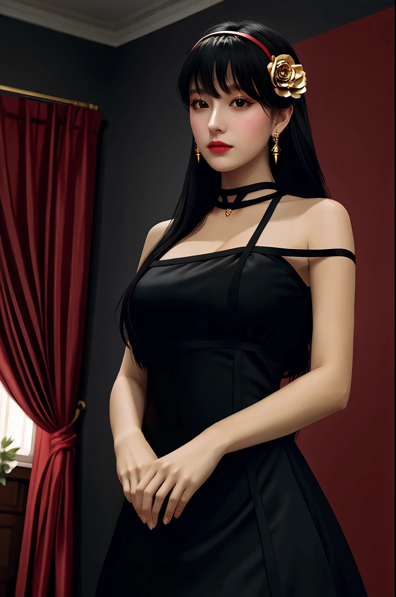 yor briar, 1girl, bare shoulders, black dress, black hair, breasts, closed mouth, dress, earrings, flower, hair flower, hair ornament, hairband, jewelry, medium breasts, long hair, looking at viewer, red eyes, sidelocks, sleeveless, solo, upper body, in room background, ((masterpiece))