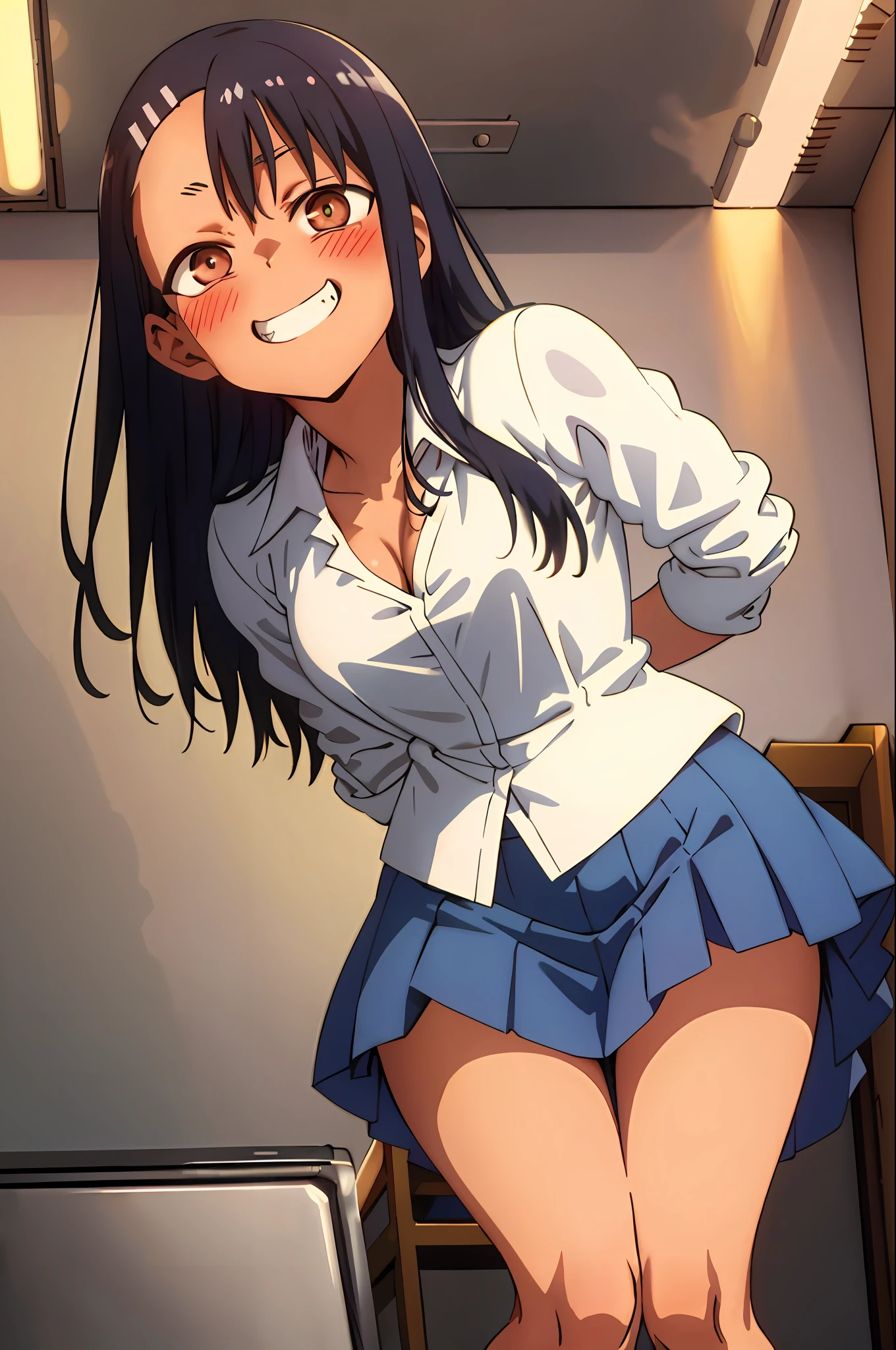 nagatoro hayase, blue skirt, cleavage, small breasts, (from below:1.2), bent over, grin, blush, best quality, masterpiece, perfect lighting, arms behind back,