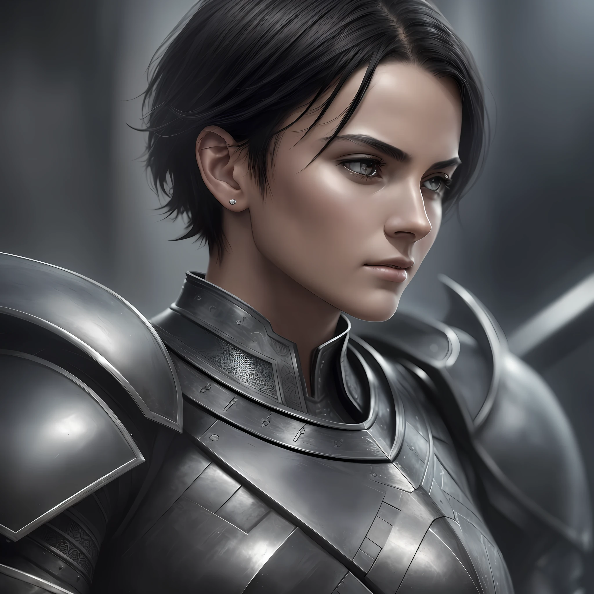 best quality, masterpiece, highres, black detailed armor, graphite black, geirreiro, christian warrior, joan of arc, mature woman with short black hair, thin, black eyes, beautiful face, serious face, a little muscular, androgynous conceptual art style, photorealistic, atmospheric perspective, hybrid, open sky, edge lighting, two-tone lighting, (high detailed skin: 1.2), 8k uhd, dslr,  soft lighting, high quality, volumetric lighting, candid, photography, high resolution, 4k, 8k, full body