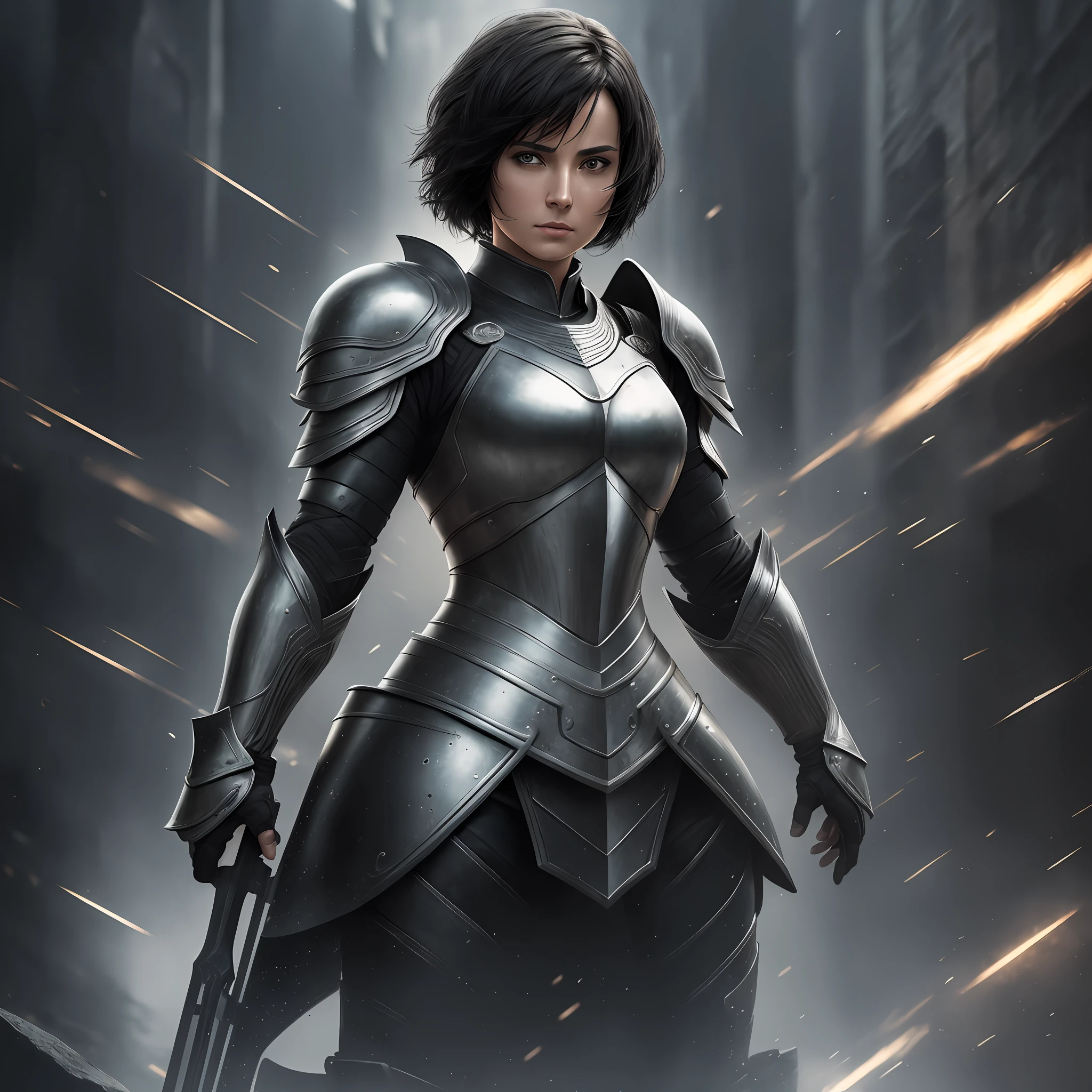 best quality, masterpiece, highres, black detailed armor, graphite black, geirreiro, christian warrior, joan of arc, mature woman with short black hair, thin, black eyes, beautiful face, serious face, a little muscular, androgynous conceptual art style, photorealistic, atmospheric perspective, hybrid, open sky, edge lighting, two-tone lighting, (high detailed skin: 1.2), 8k uhd, dslr,  soft lighting, high quality, volumetric lighting, candid, photography, high resolution, 4k, 8k, full body