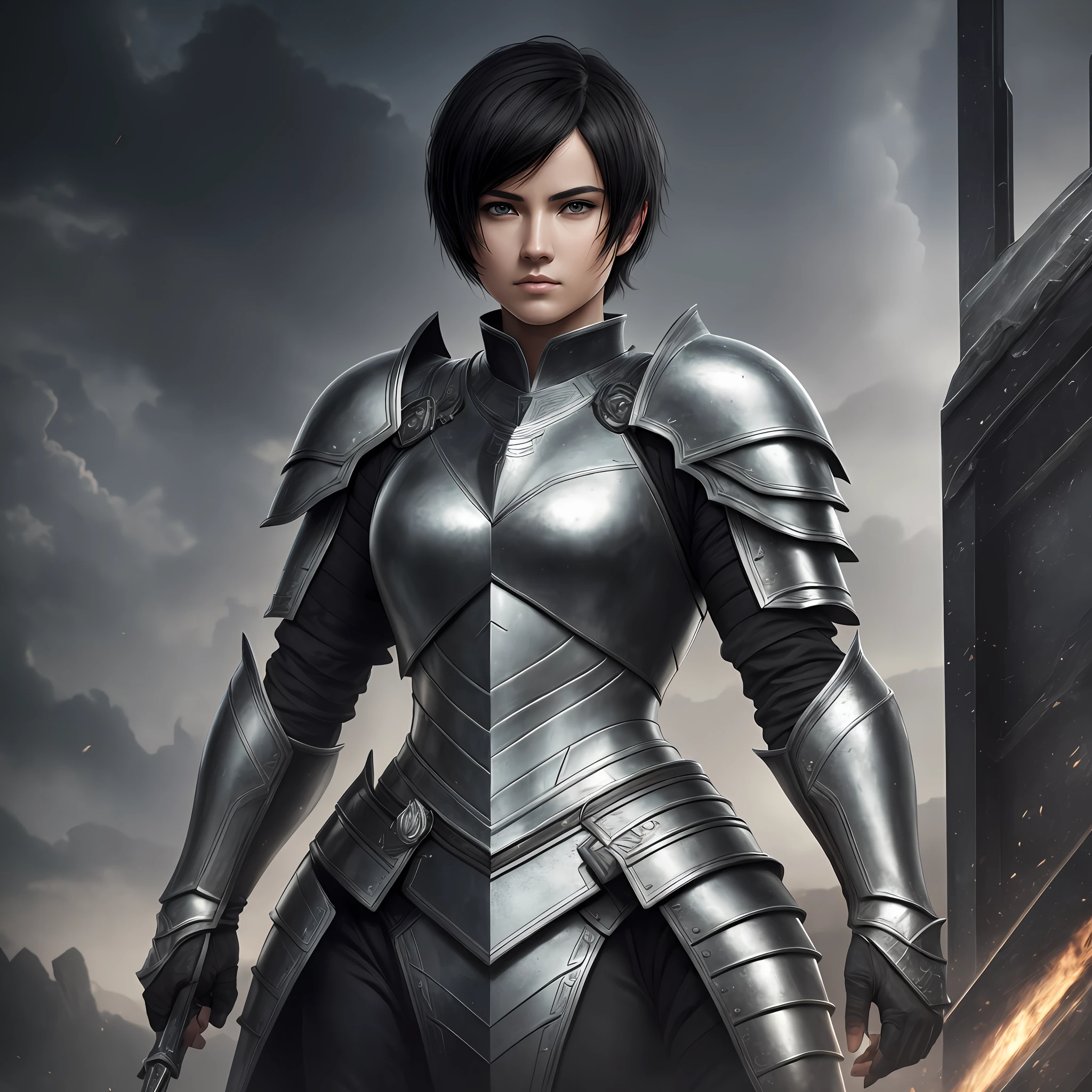 best quality, masterpiece, highres, black detailed armor, graphite black, geirreiro, christian warrior, joan of arc, mature woman with short black hair, thin, black eyes, beautiful face, serious face, a little muscular, androgynous conceptual art style, photorealistic, atmospheric perspective, hybrid, open sky, edge lighting, two-tone lighting, (high detailed skin: 1.2), 8k uhd, dslr, soft lighting, high quality, volumetric lighting, candid, photography, high resolution, 4k, 8k, full body