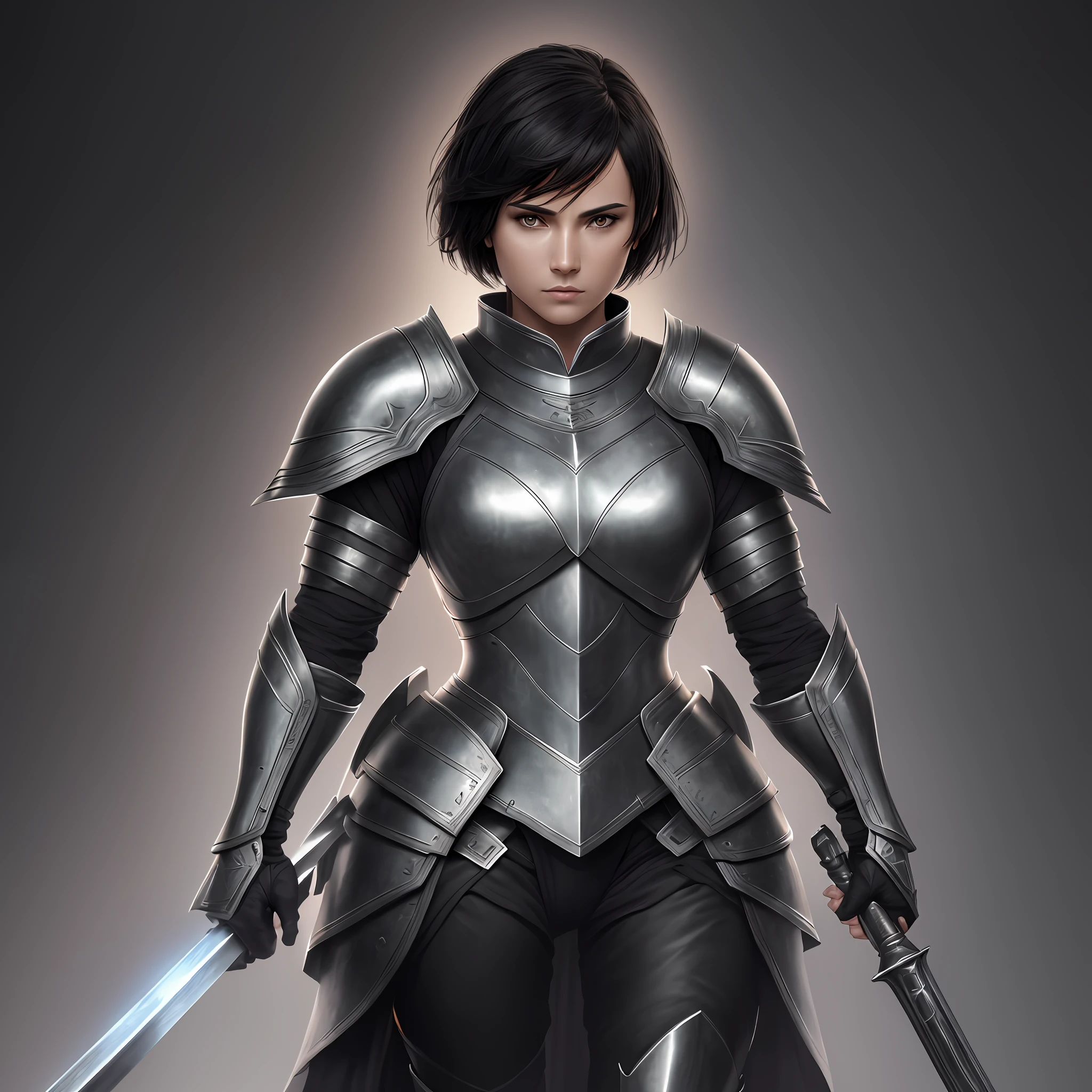 best quality, masterpiece, highres, black detailed armor, graphite black, geirreiro, christian warrior, joan of arc, mature woman with short black hair, thin, black eyes, beautiful face, serious face, a little muscular, androgynous conceptual art style, photorealistic, atmospheric perspective, hybrid, open sky, edge lighting, two-tone lighting, (high detailed skin: 1.2), 8k uhd, dslr,  soft lighting, high quality, volumetric lighting, candid, photography, high resolution, 4k, 8k, full body