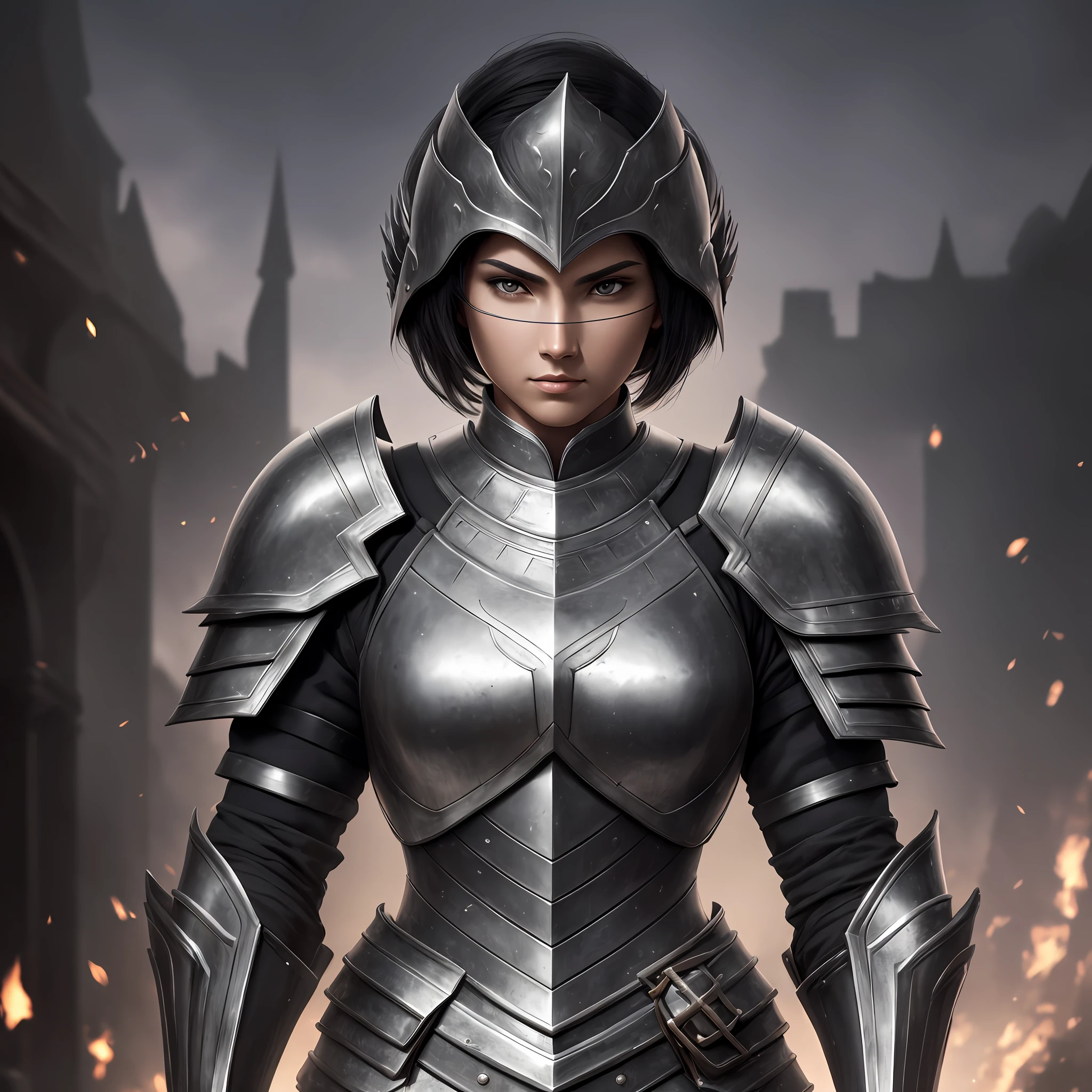 best quality, masterpiece, highres, black detailed armor, graphite black, geirreiro, christian warrior, joan of arc, mature woman with short black hair, thin, black eyes, beautiful face, serious face, a little muscular, androgynous conceptual art style, photorealistic, atmospheric perspective, hybrid, open sky, edge lighting, two-tone lighting, (high detailed skin: 1.2), 8k uhd, dslr,  soft lighting, high quality, volumetric lighting, candid, photography, high resolution, 4k, 8k, full body