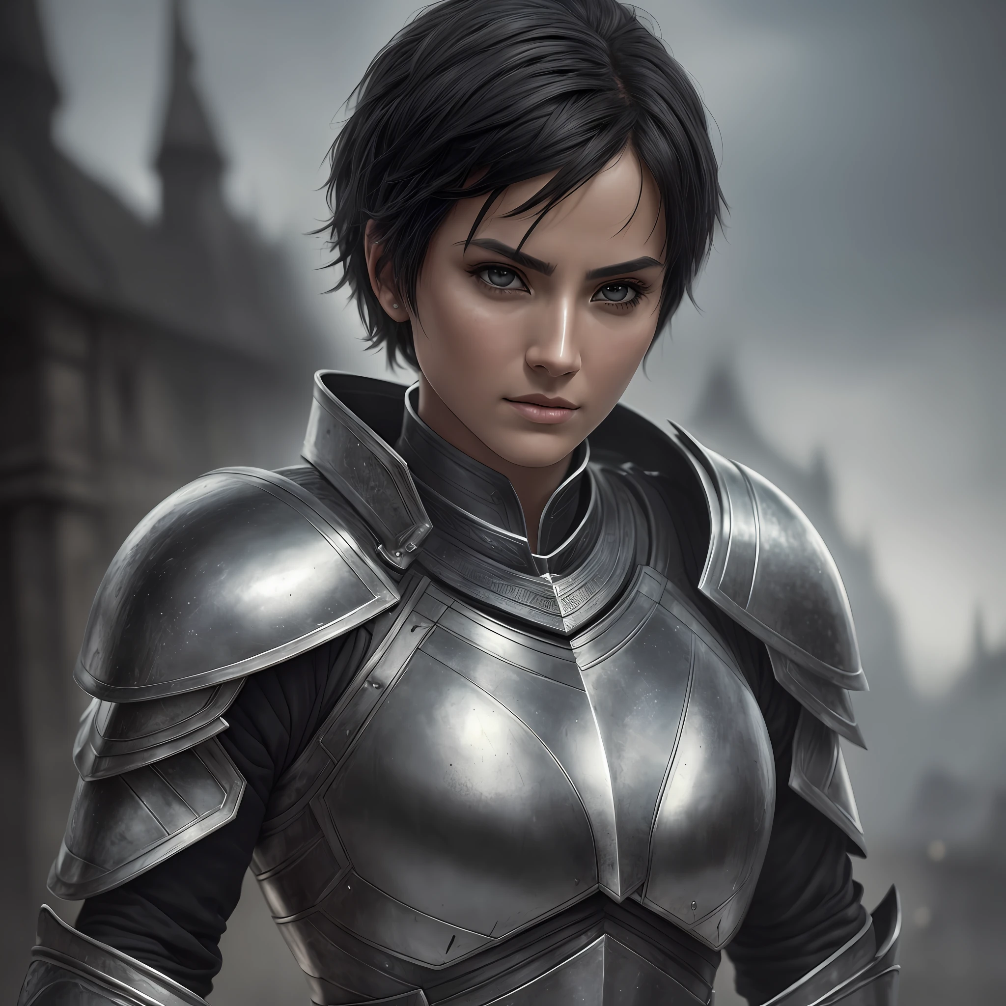 best quality, masterpiece, highres, black detailed armor, graphite black, geirreiro, christian warrior, joan of arc, mature woman with short black hair, thin, black eyes, beautiful face, serious face, a little muscular, androgynous conceptual art style, photorealistic, atmospheric perspective, hybrid, open sky, edge lighting, two-tone lighting, (high detailed skin: 1.2), 8k uhd, dslr, soft lighting, high quality, volumetric lighting, candid, photography, high resolution, 4k, 8k, full body